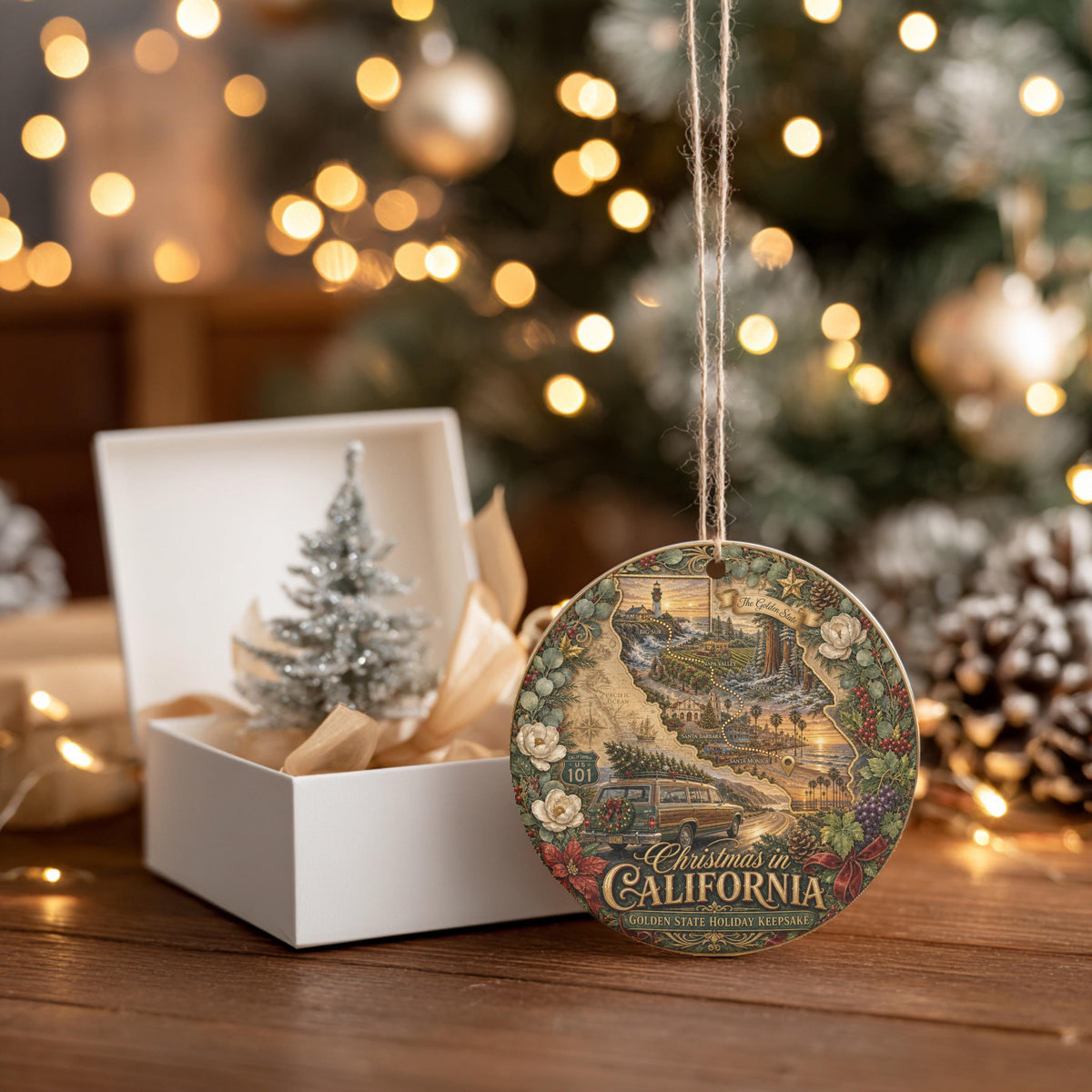 California Christmas Ornament, Vintage Wagon Ceramic Keepsake