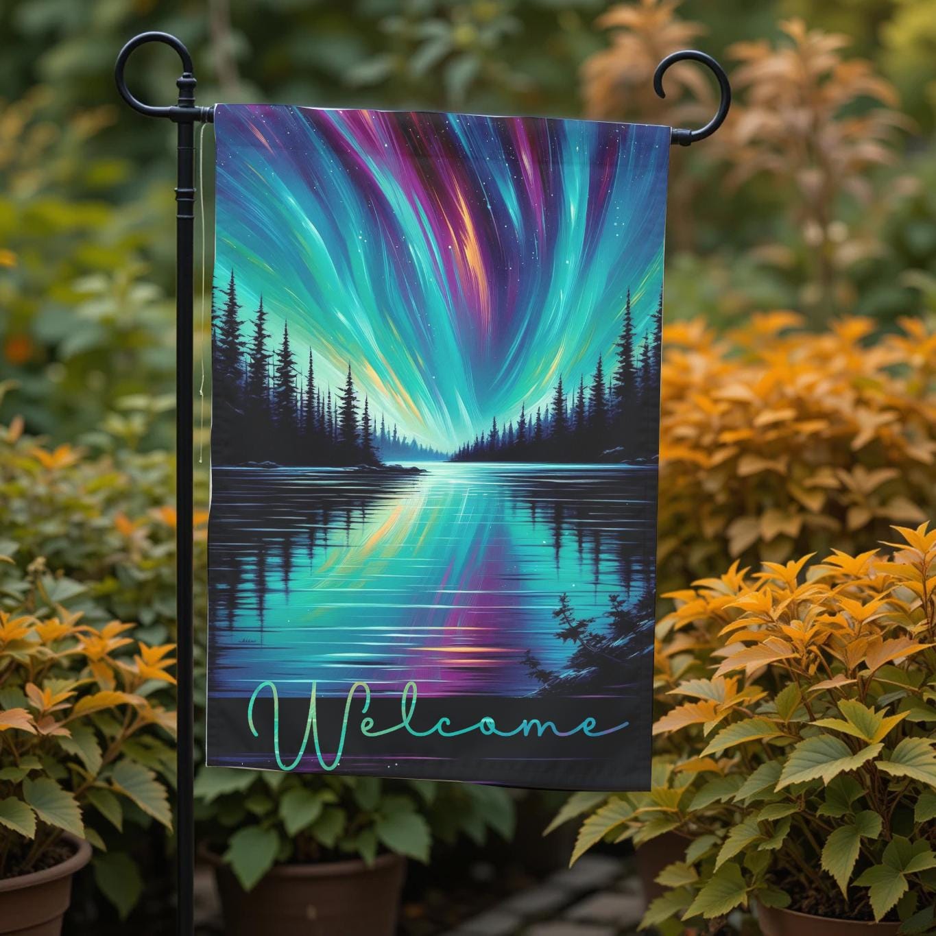 Northern Lights Garden Flag - Aurora Borealis Lake Reflection Outdoor Yard Decor - additional angle