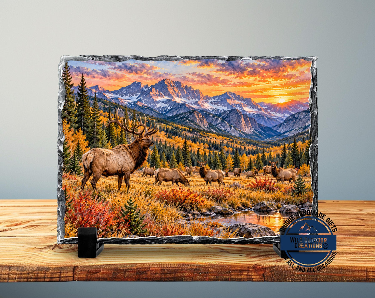 Elk Herd Slate Plaque, Colorado Mountain Wildlife Art, Rustic Fall Cabin Decor