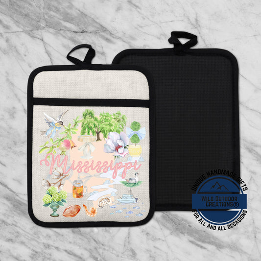 Mississippi Pot Holder | Non Slip Silicone Linen Pocket Potholder With Magnolia Design