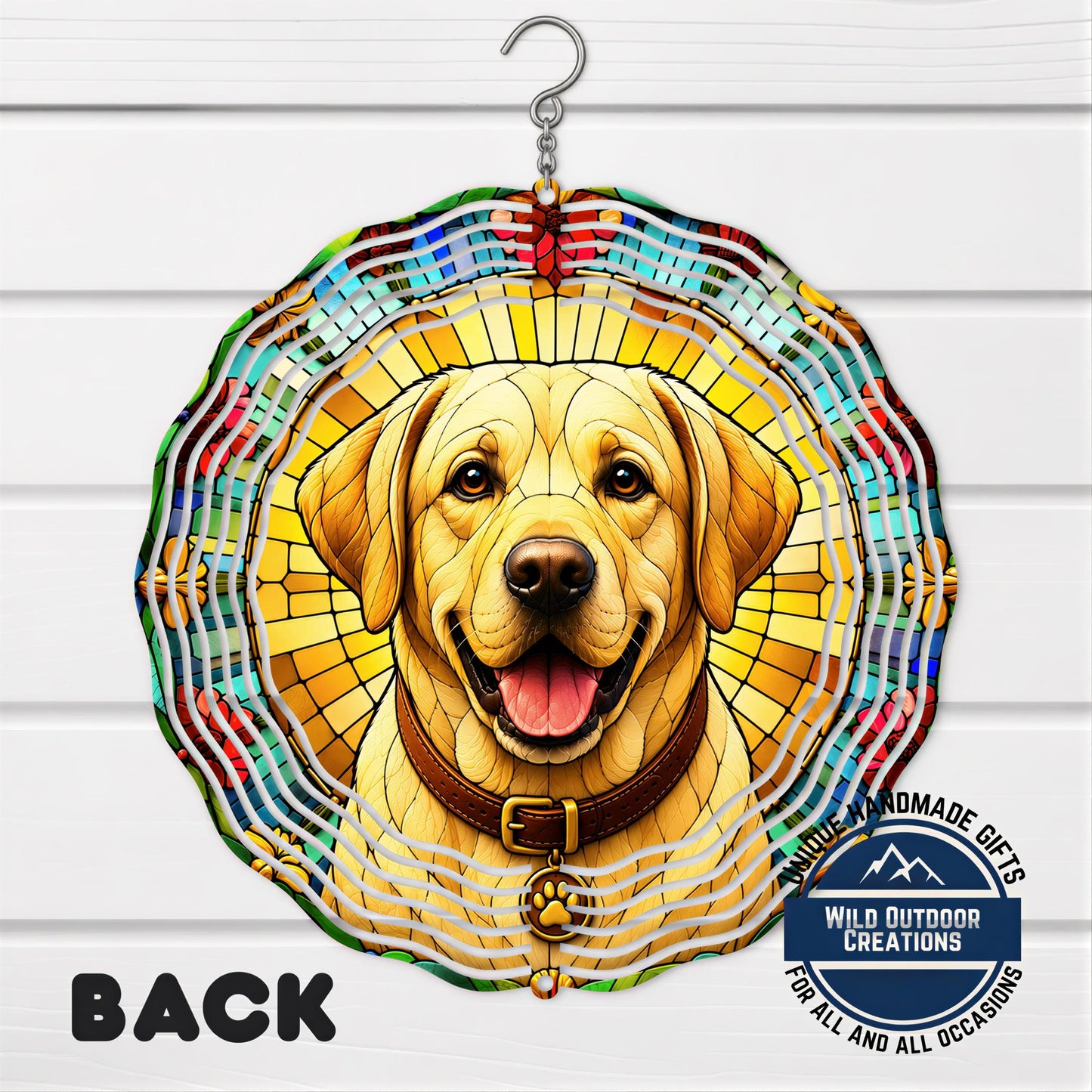 Yellow Lab Wind Spinner - 10 Inch Faux Stained Glass Metal Garden Decor