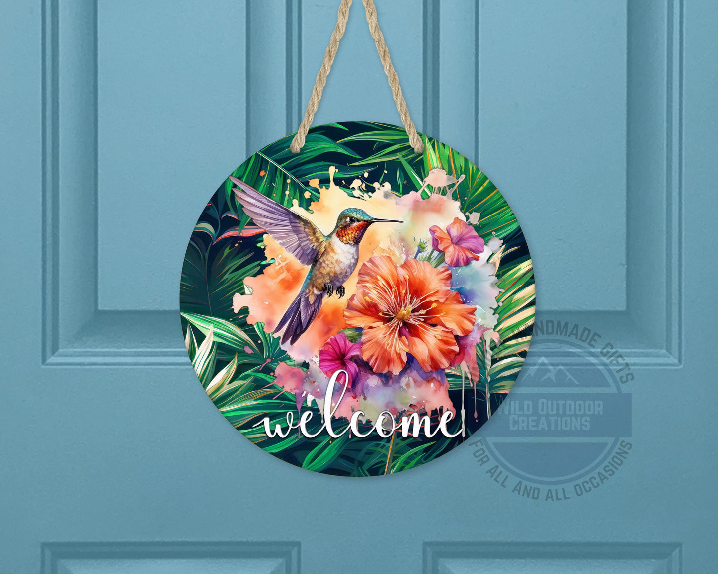 Tropical Hummingbird Door Hanger - Colorful Floral Welcome Sign with Fade Resistant Print - product dimensions and specifi...