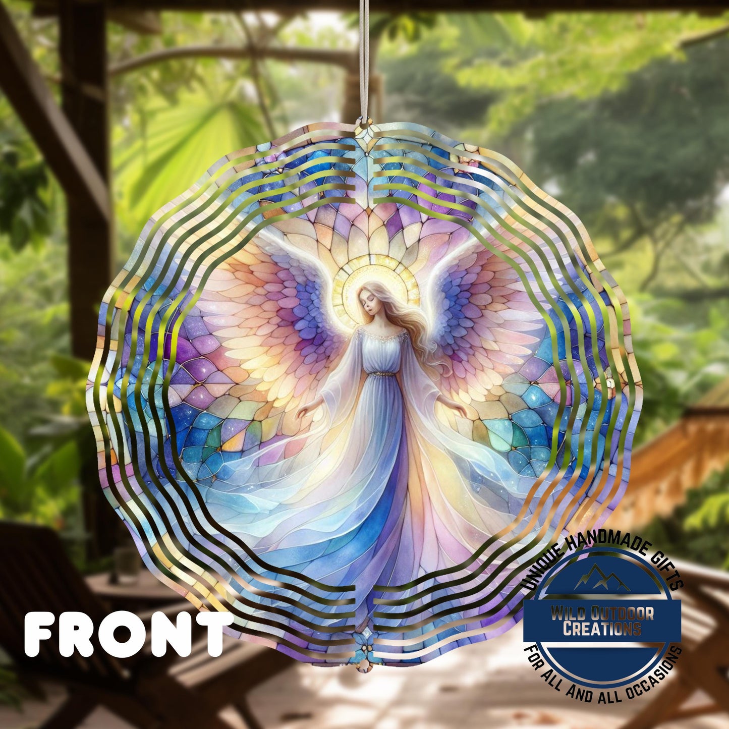 Angel Wind Spinner – 10 Inch Pastel Aluminum Garden Decor with 360° Swivel - shown spinning in outdoor garden setting