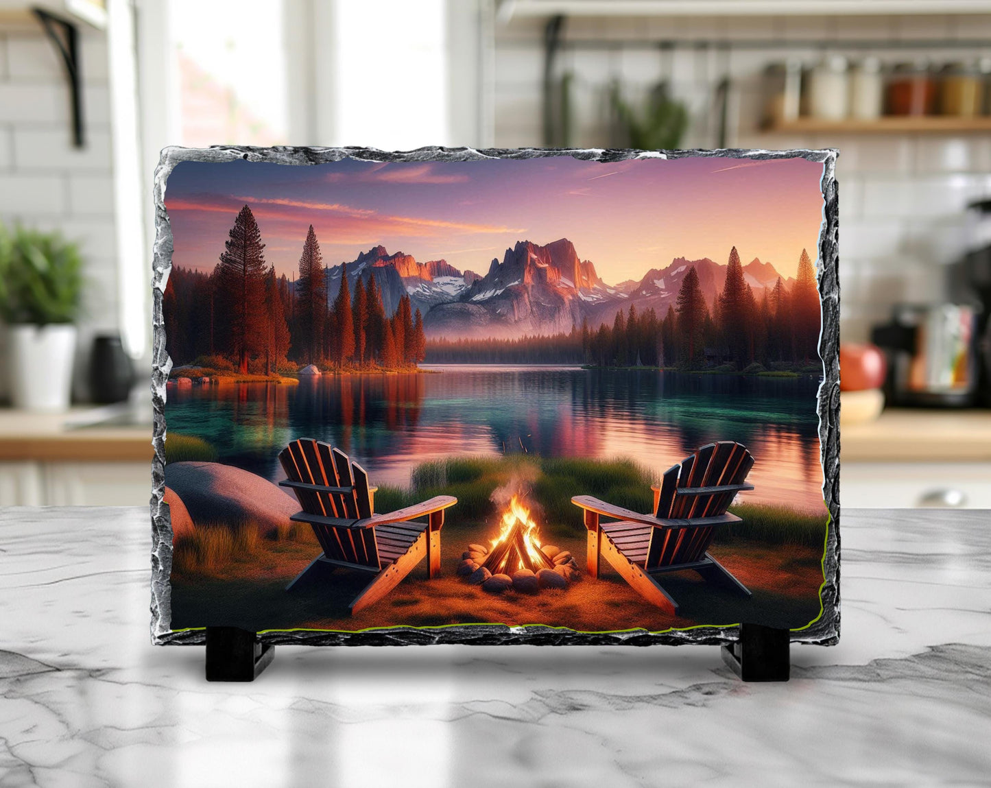 Lake House Decor Rustic Cabin Slate Art - Mountain Campfire Scene Plaque - lifestyle view
