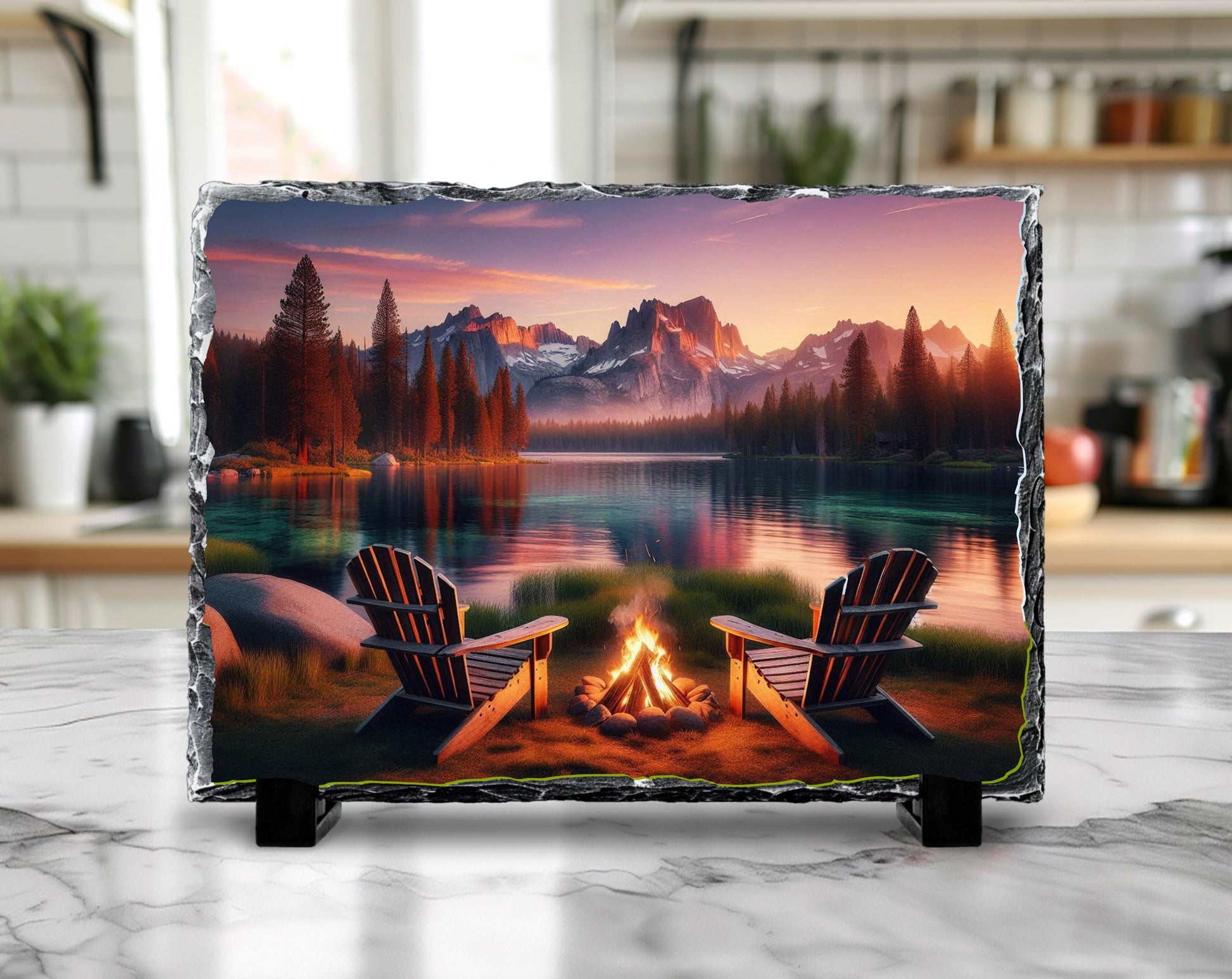 Lake House Decor Rustic Cabin Slate Art - Mountain Campfire Scene Plaque - lifestyle view