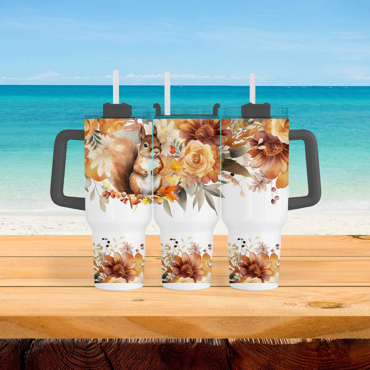 40 Oz Tumbler With Handle, Squirrel Fall Floral Woodland Cup Gift