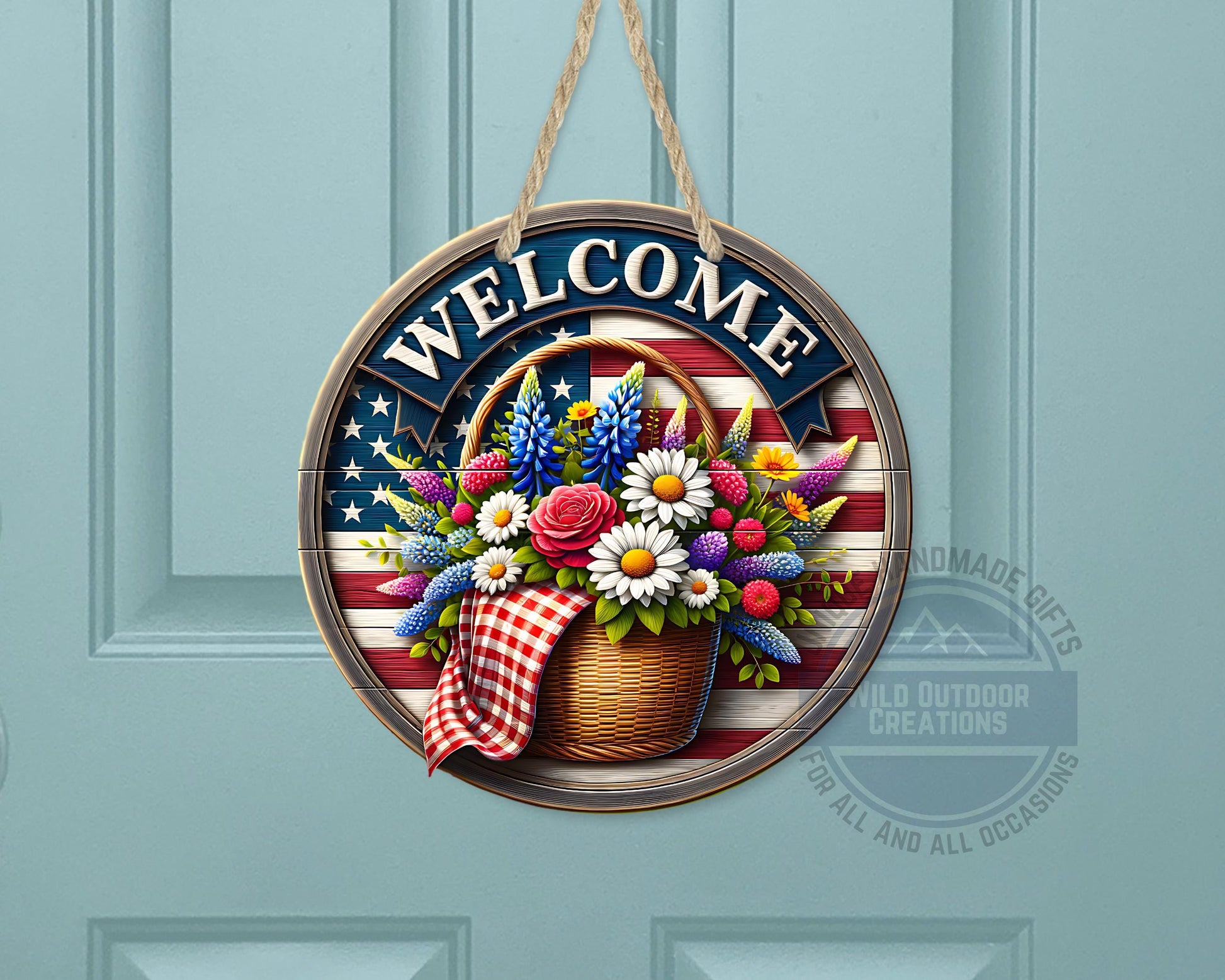 Patriotic Door Hanger - Aluminum Outdoor Sign With American Flag & Floral Basket - additional angle