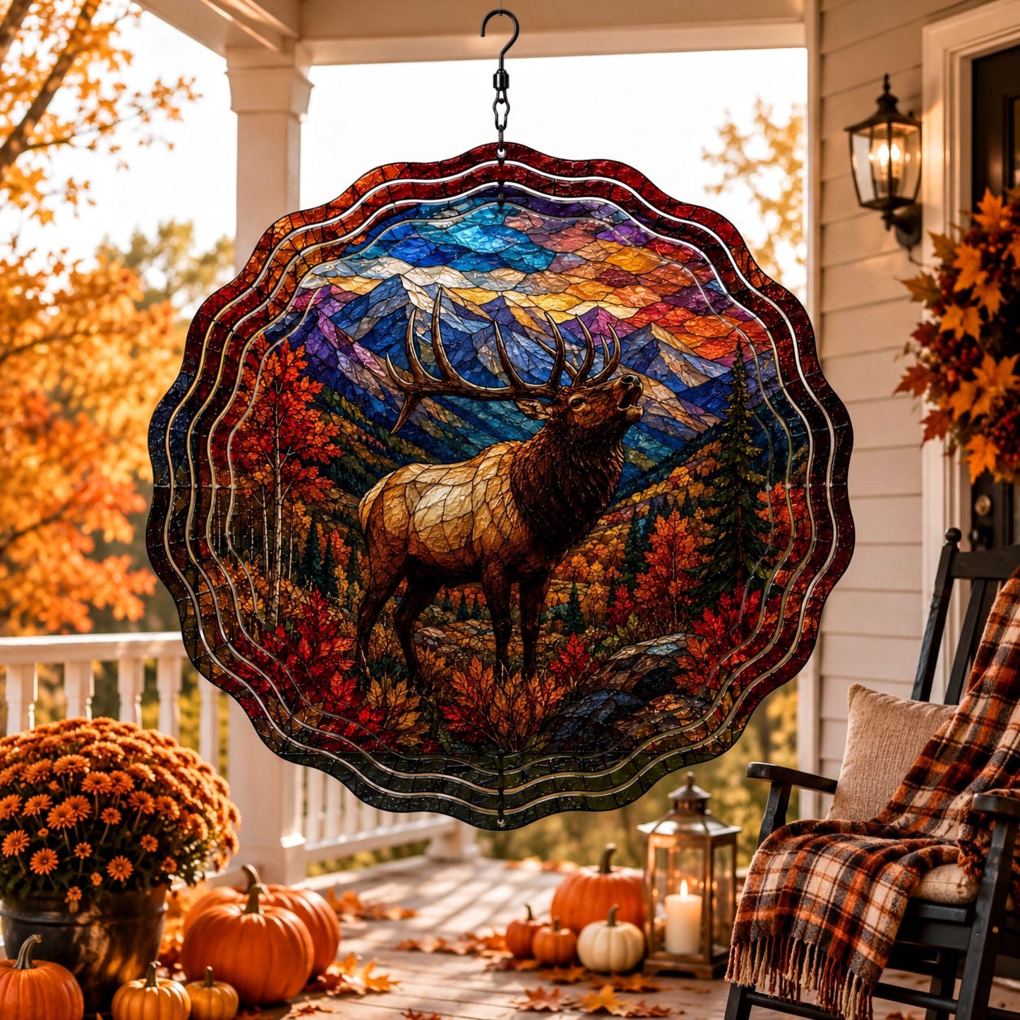 Elk Faux Stained Glass Wind Spinner Fall Mountain Wildlife Garden Decor