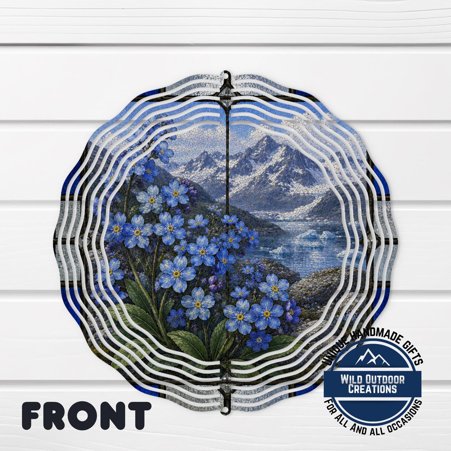 Forget Me Not Wind Spinner Alaska State Flower Stained Glass Style Garden Aluminum Decor