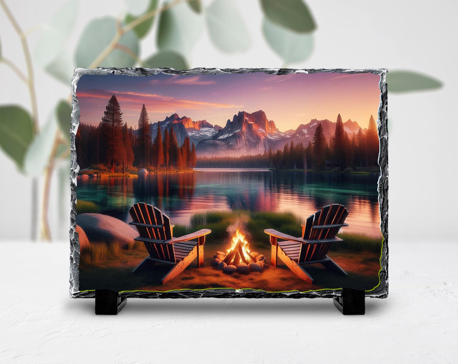 Lake House Decor Rustic Cabin Slate Art - Mountain Campfire Scene Plaque - additional angle