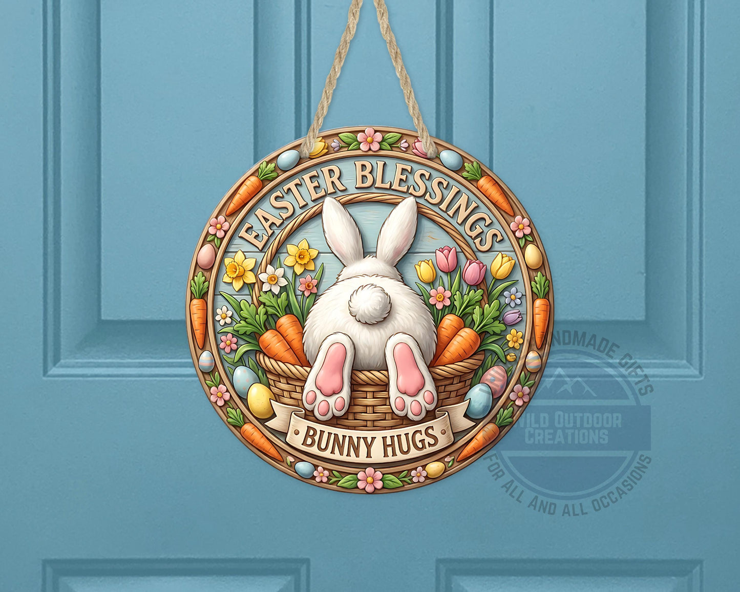 Easter Door Hanger - Round Aluminum Bunny Hugs Sign | Spring Porch Decor - product dimensions and specifications