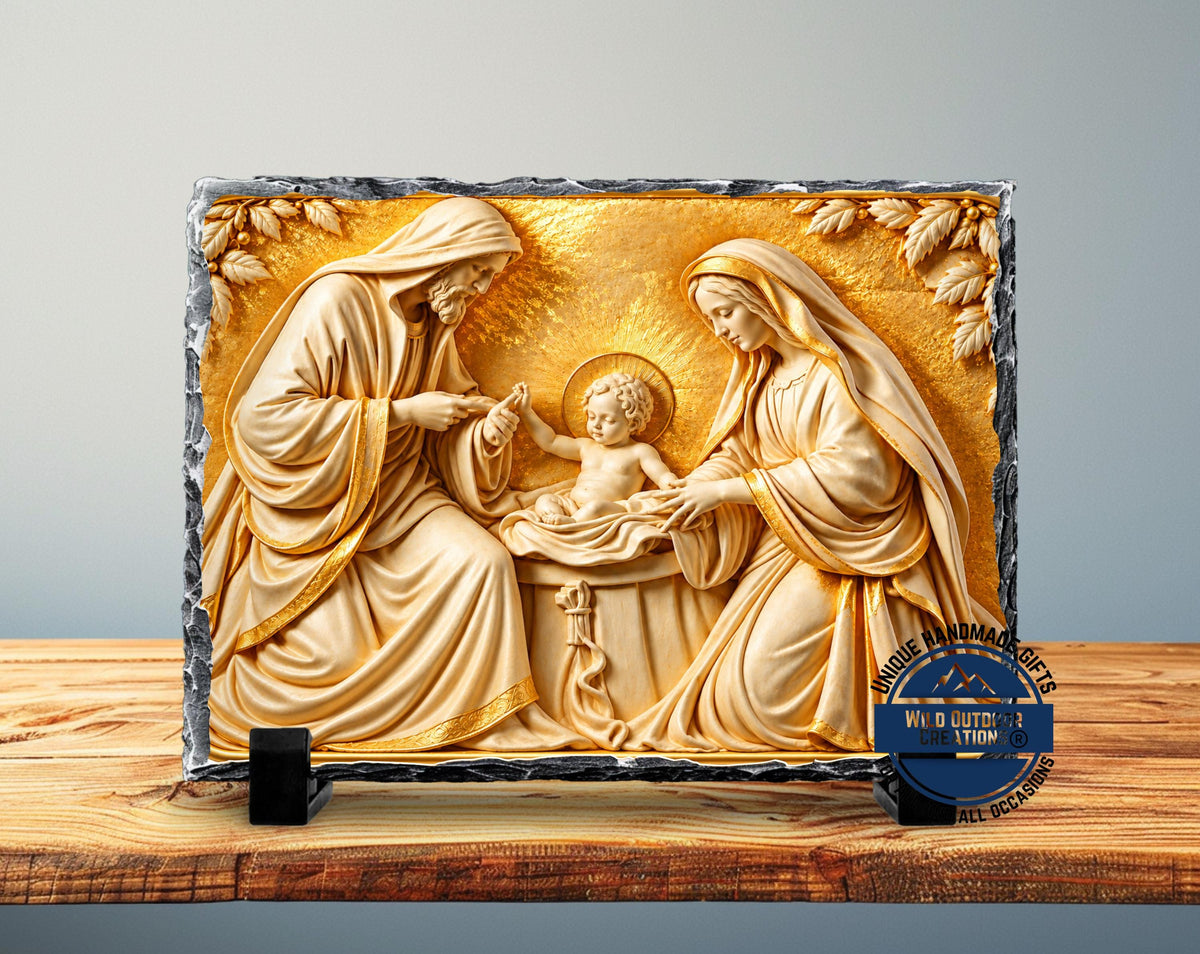 Holy Family Slate Plaque, Gold Nativity Art, Christian Catholic Religious Gift Decor