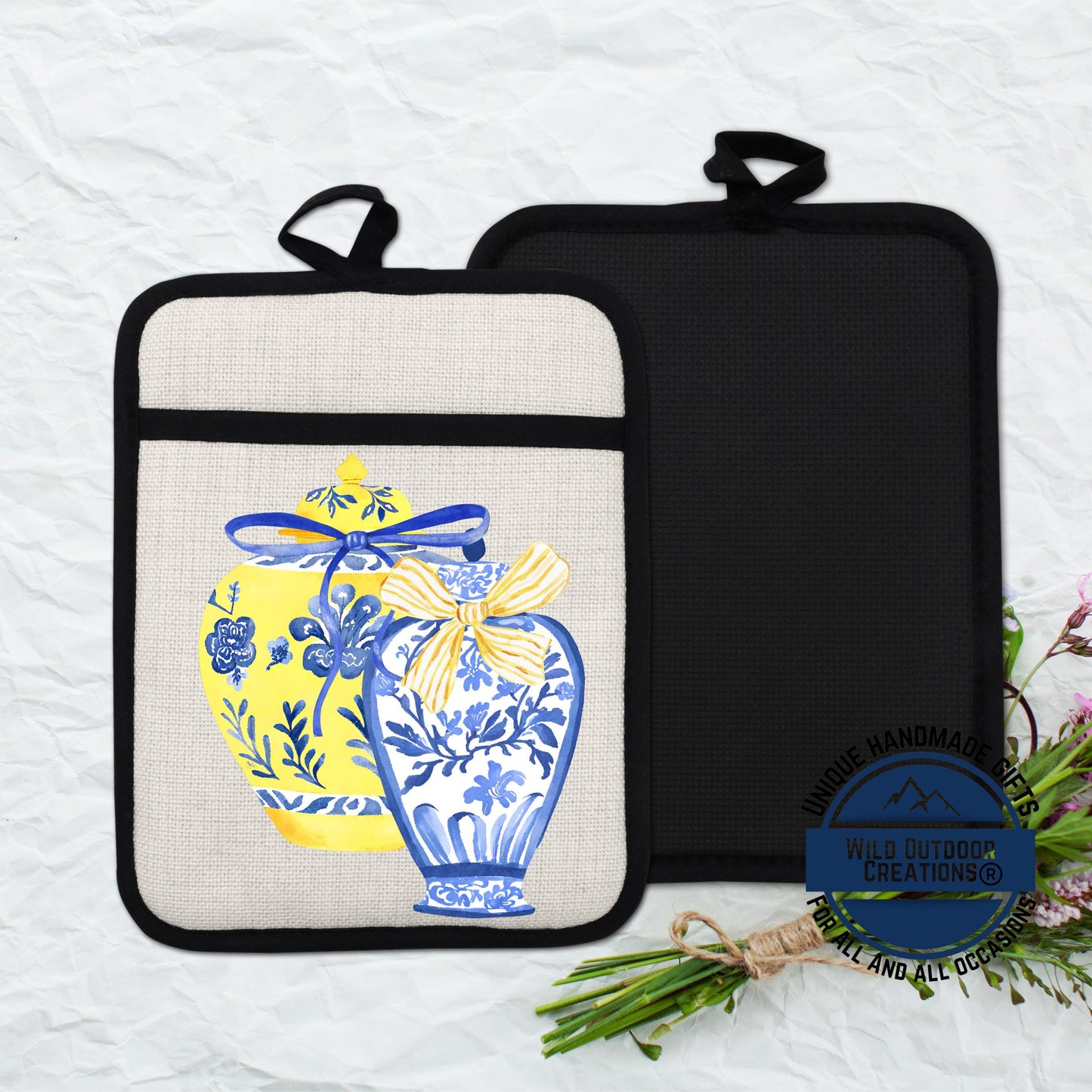 Chinoiserie Pot Holder – Blue Yellow Ginger Jar Linen Kitchen Accessory with Pocket - additional angle