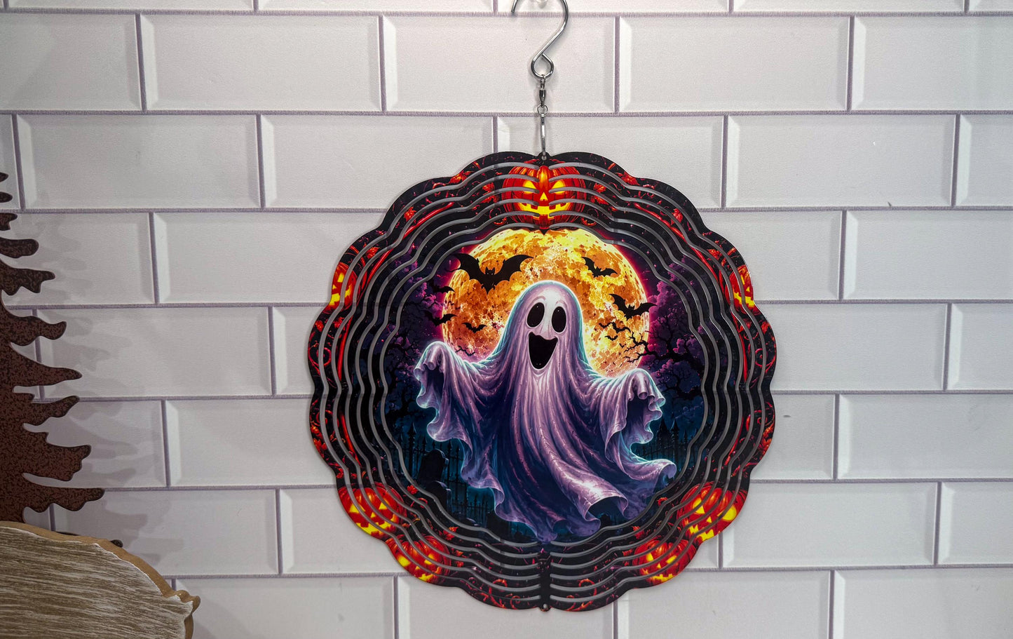 Ghost 10 Inch Wind Spinner - Halloween Porch Decor | 360 Swivel | Indoor Outdoor Display