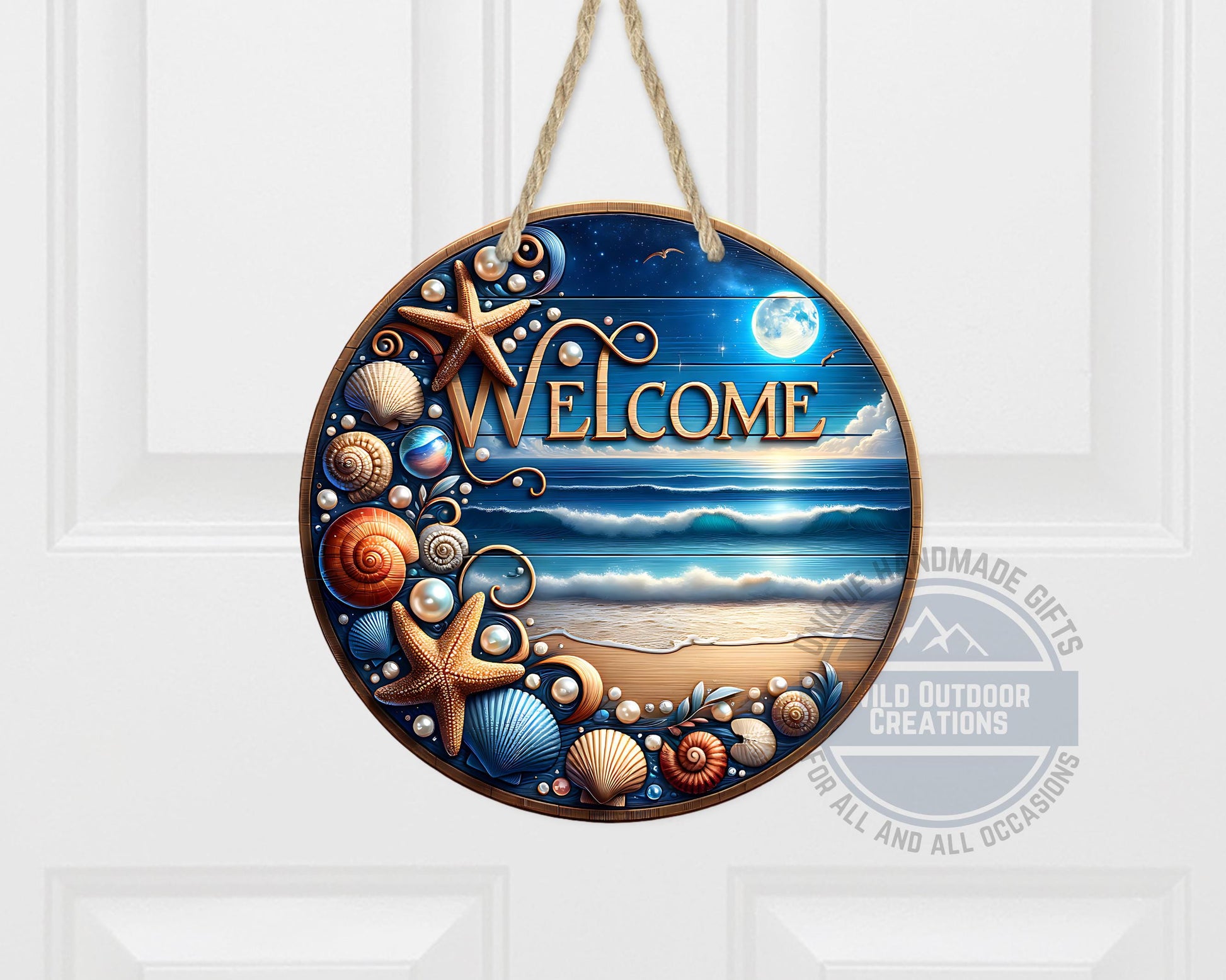 Coastal Door Sign – Nighttime Ocean View | Weather-Resistant Aluminum Outdoor Welcome - scale and size reference
