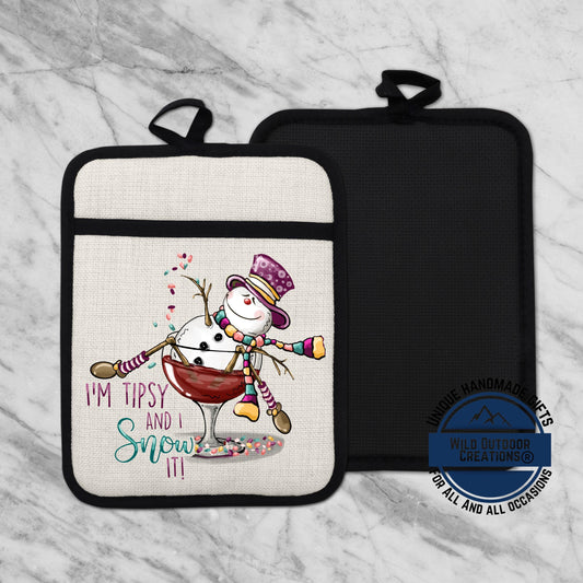Snowman Wine Pot Holder Linen Hot Pad Tipsy Funny Christmas Kitchen Gift Decor
