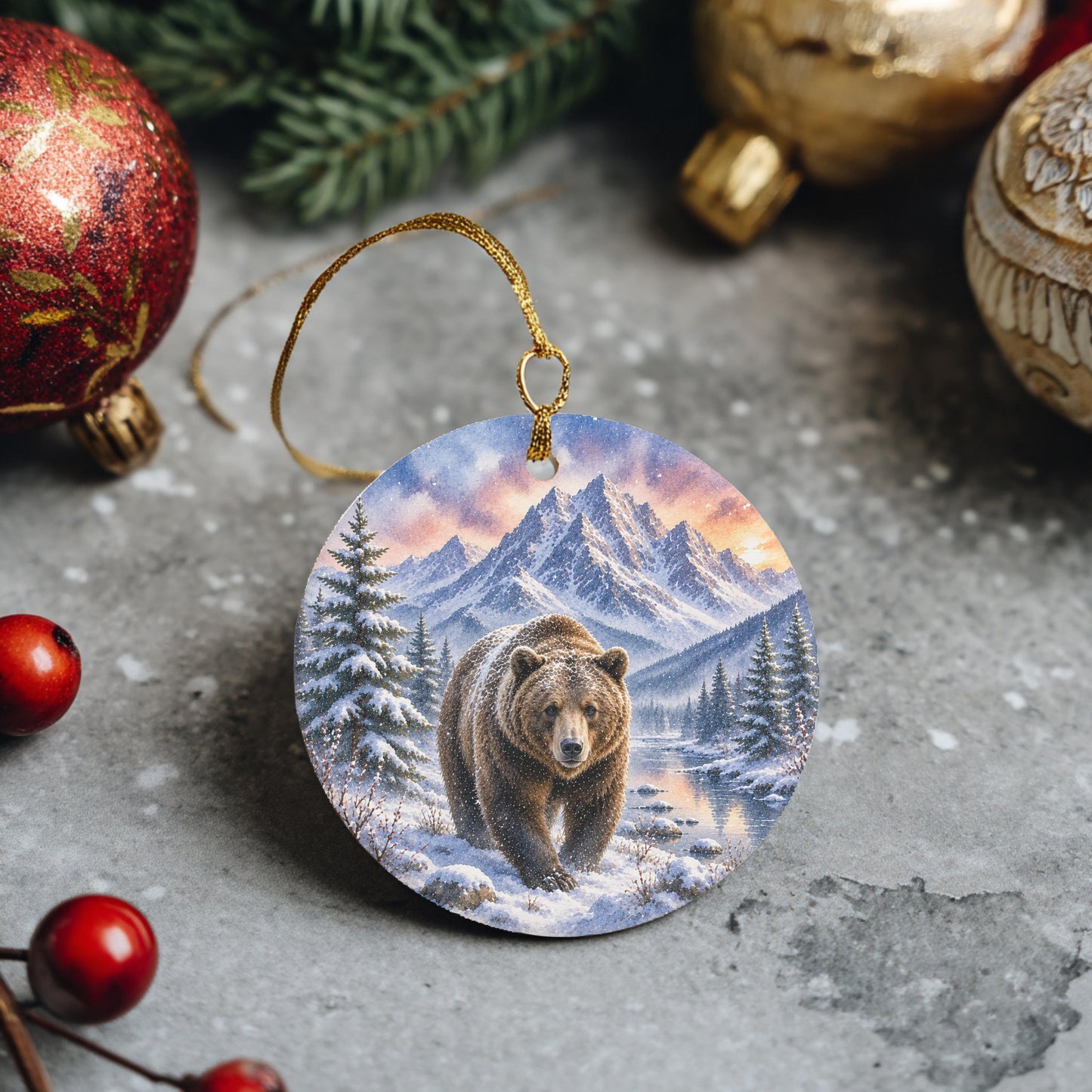 Grizzly Bear Ornament | Watercolor Mountains, Ceramic Keepsake