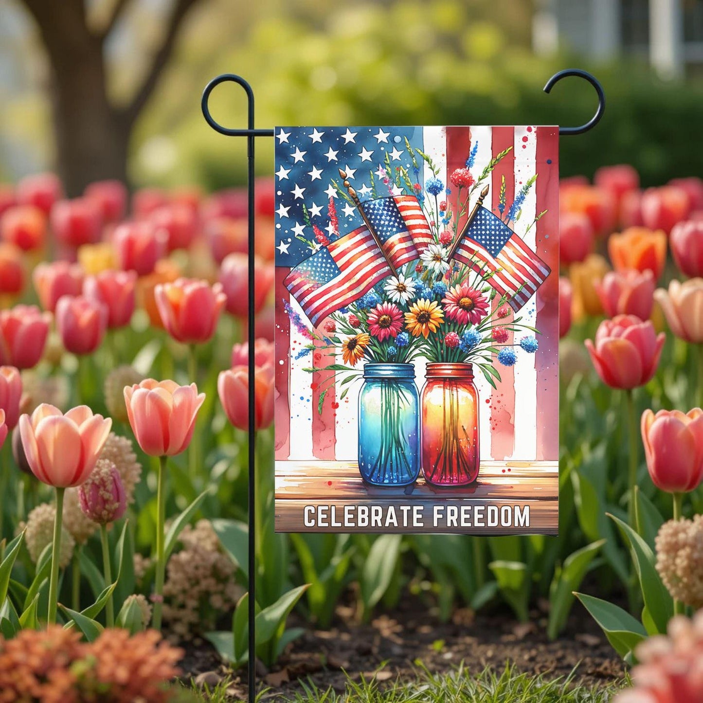Patriotic Garden Flag – Mason Jar Flowers Floral American 12x18 Outdoor Decor