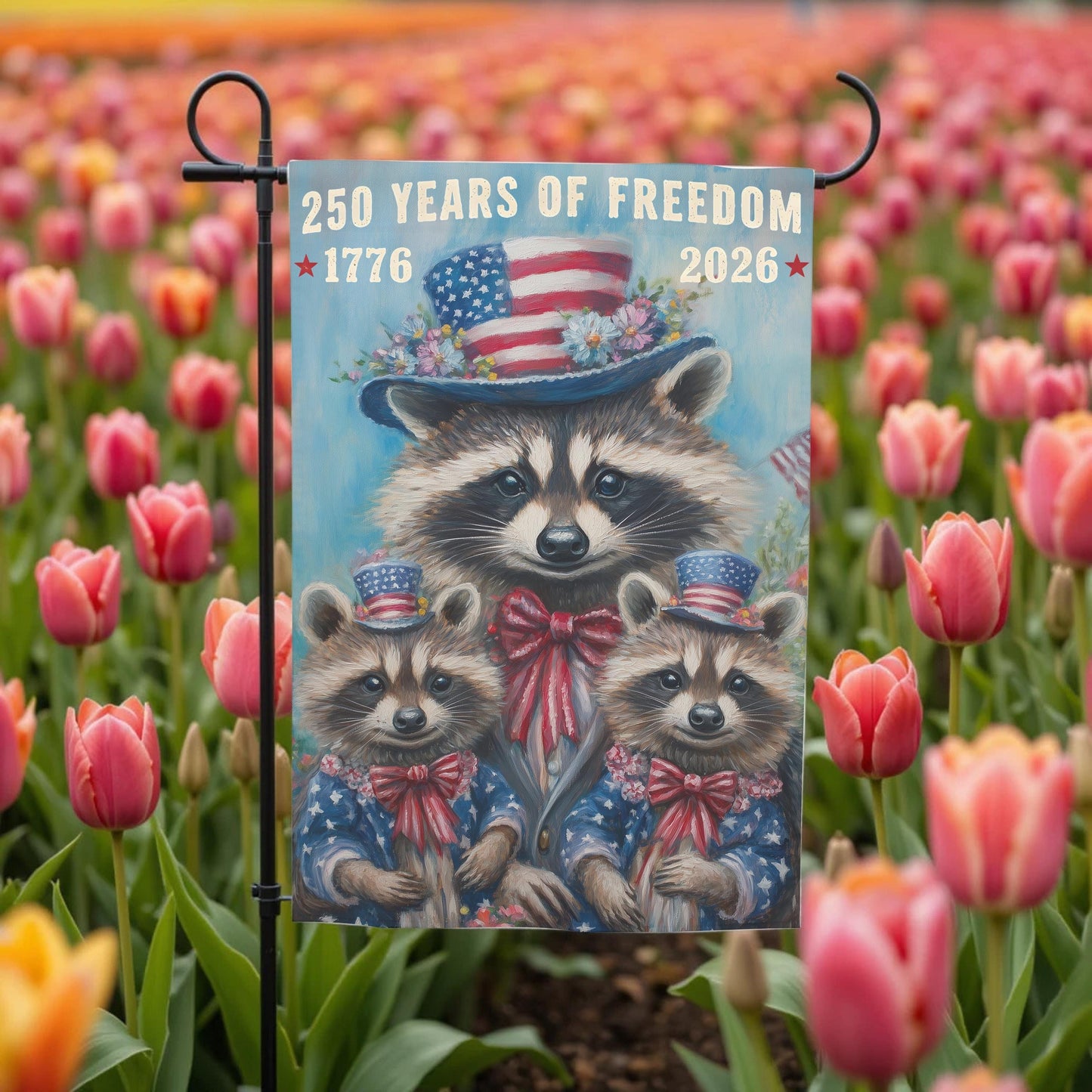 Patriotic Garden Flag - 250 Years Of Freedom Raccoon 12x18 Double Sided Sublimation