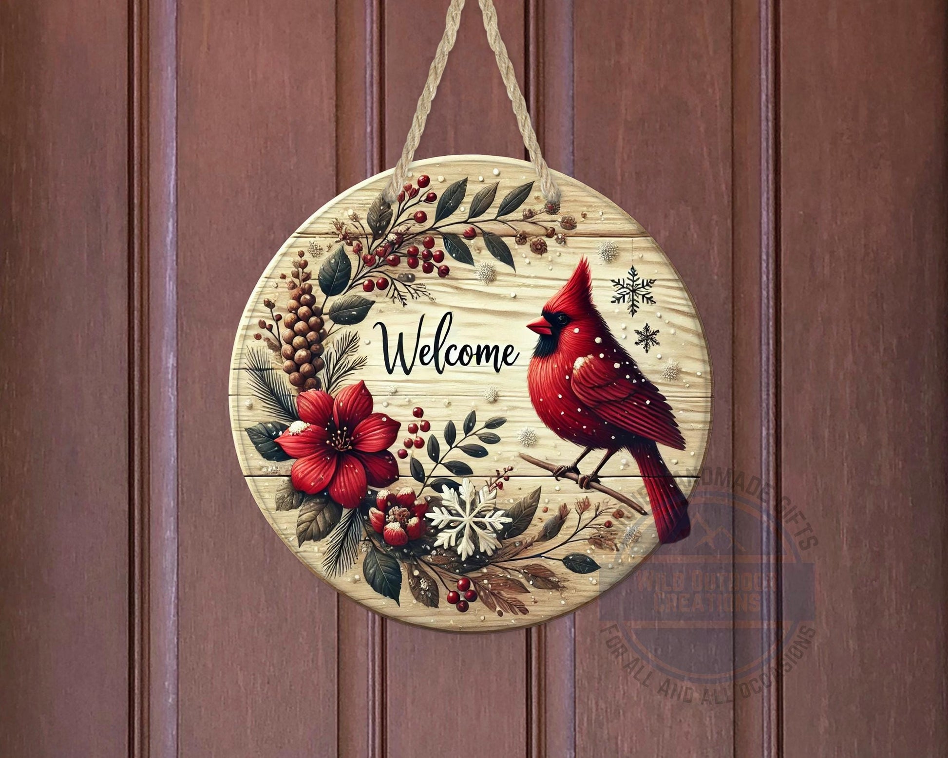 Cardinal Door Hanger - Winter Floral Wreath | Lightweight Aluminum Holiday Porch Sign - scale and size reference