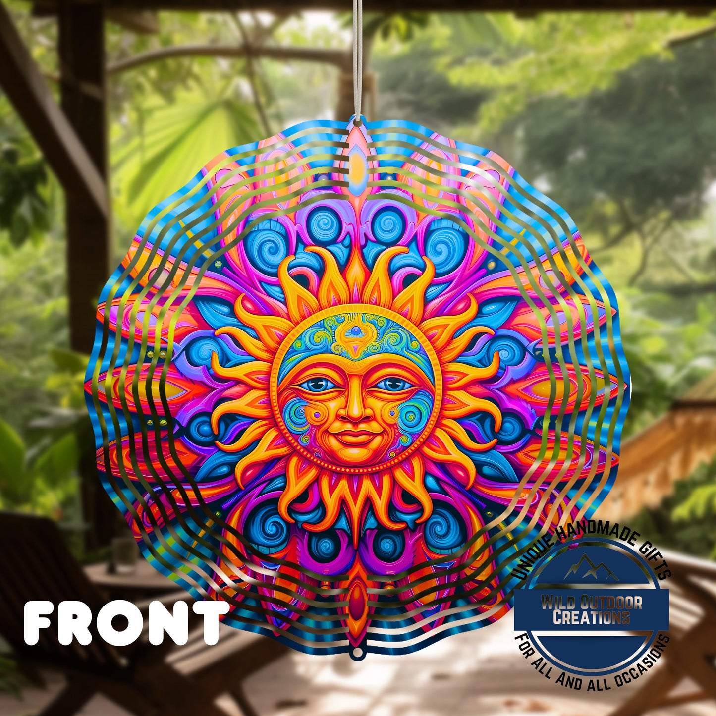 Sun Wind Spinner - Neon Boho Garden Decor | Vibrant Aluminum Outdoor Ornament - back side design view