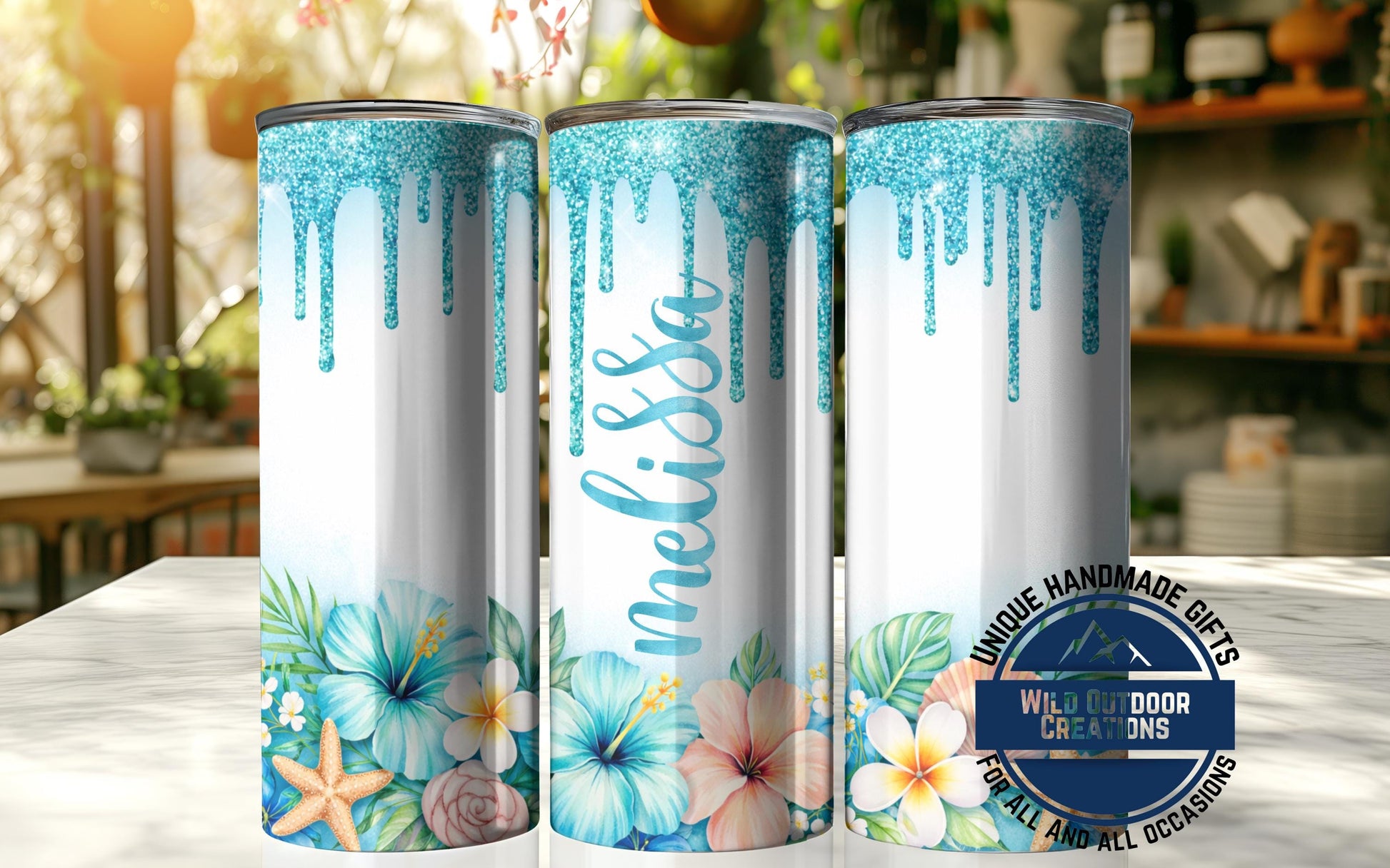 Personalized Tropical Tumbler - Double Wall Tumbler With Floral Beach Design & Glow Green - additional angle