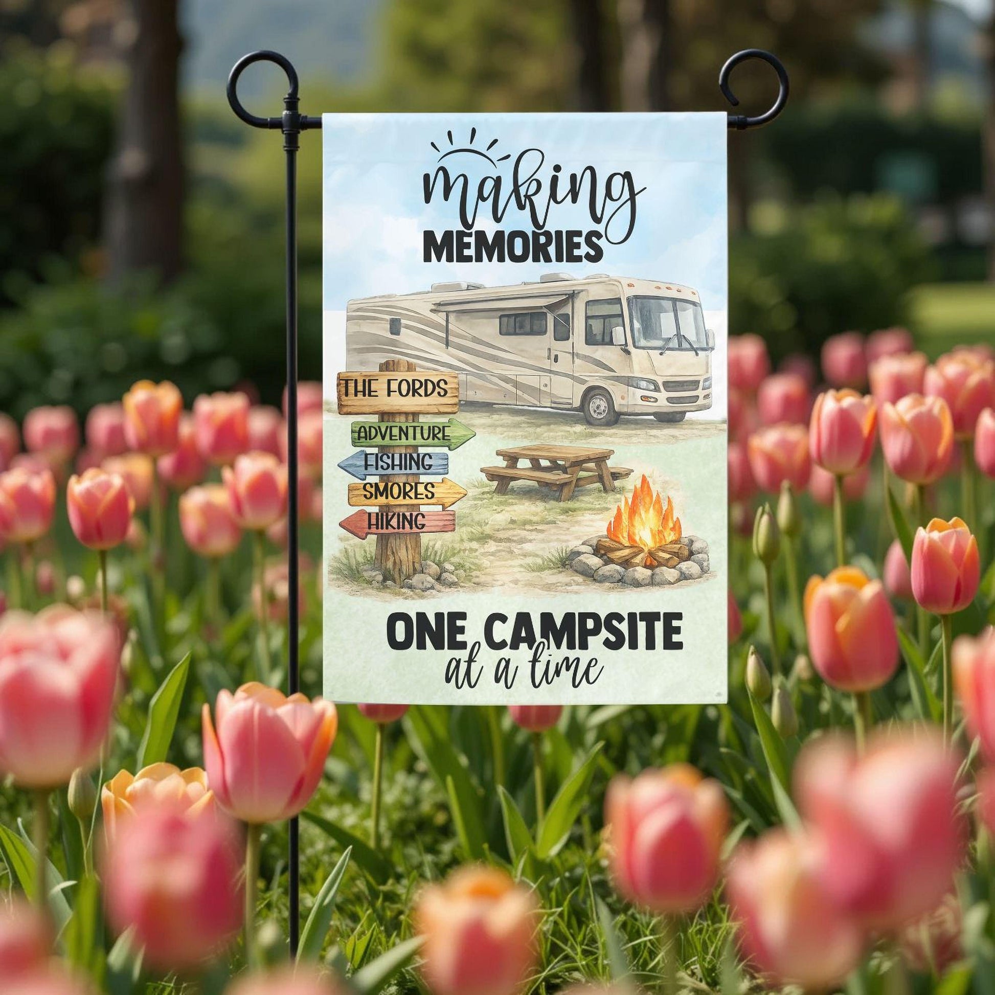 Personalized Motorhome Flag – Class A Motorhome RV Garden Flag 12x18 Double Sided - outdoor setting