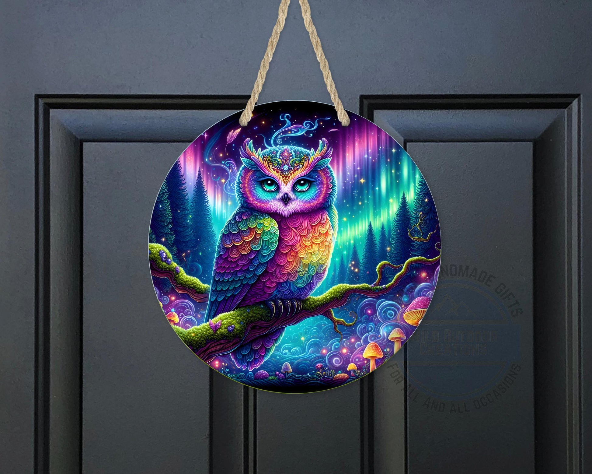 Rainbow Owl Wall Art – Psychedelic Forest Scene | Round Aluminum Sign With Fade Resistant Print - additional product photo 10