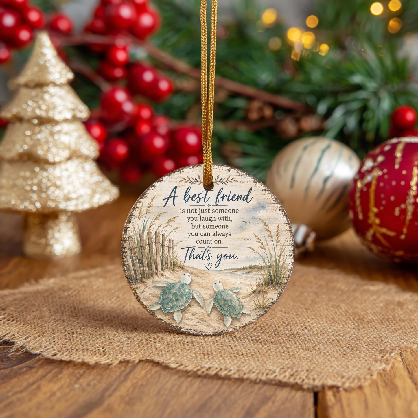 A wooden ornament with a message hangs on a burlap cloth, surrounded by Christmas decorations and ornaments.