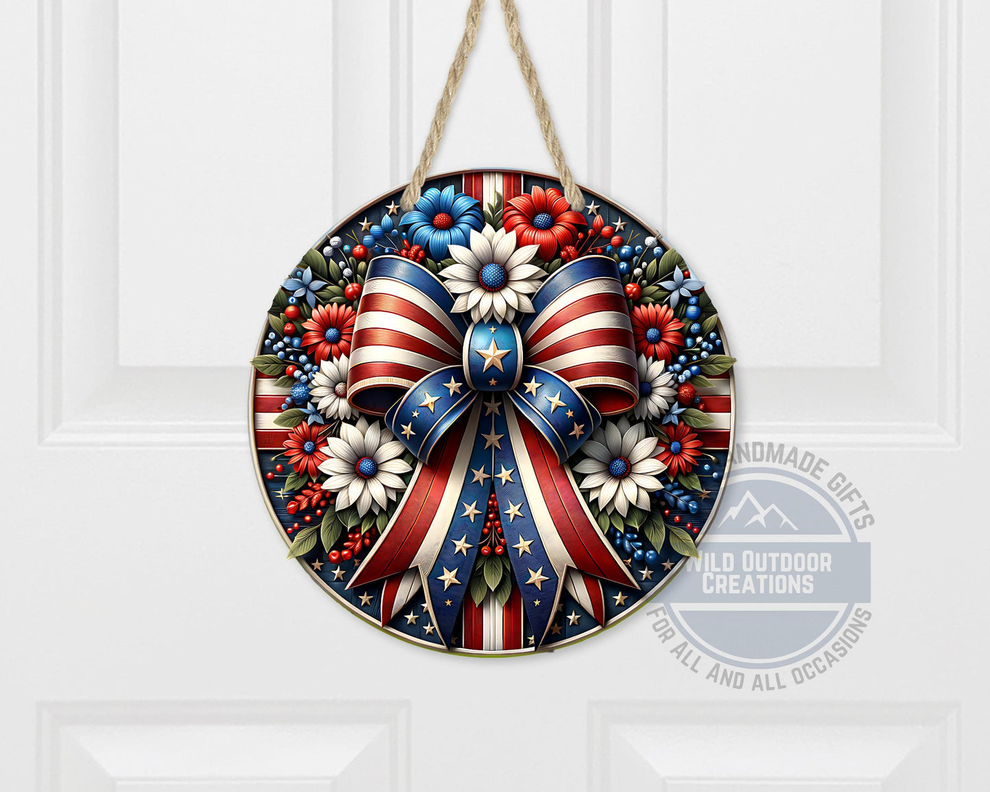 Patriotic Door Hanger – Aluminum Door Sign with American Flag Bow & Floral Design - packaging and presentation