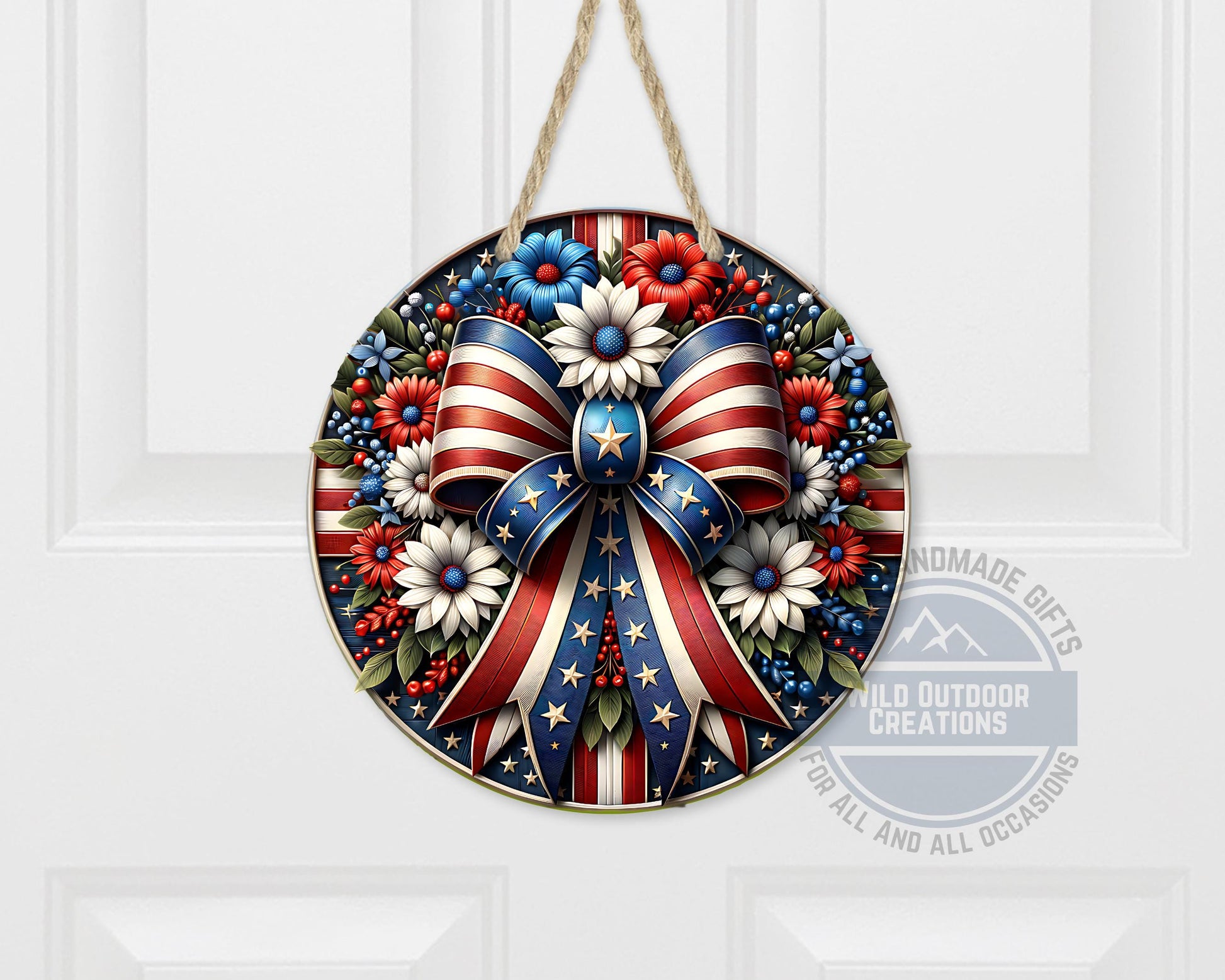 Patriotic Door Hanger – Aluminum Door Sign with American Flag Bow & Floral Design - packaging and presentation