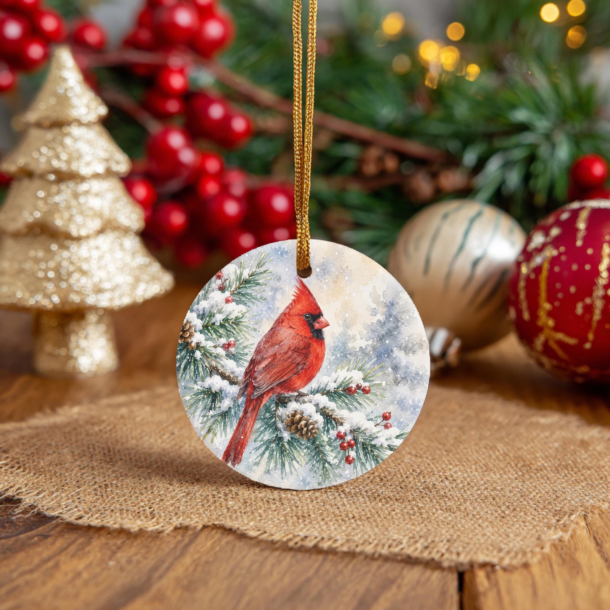 A round ornament featuring a red cardinal perched on a snowy branch, surrounded by Christmas decorations such as a gold glitter tree, red berries, and ornaments.