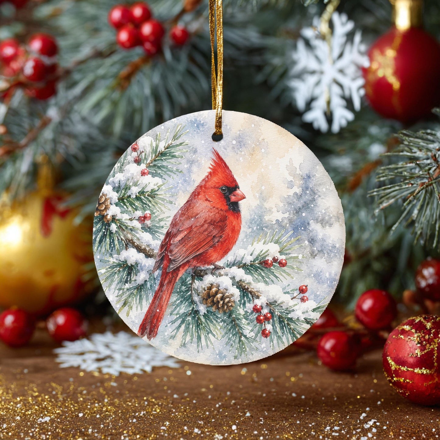 A red cardinal perched on a snowy branch, surrounded by pine branches, red berries, and a Christmas tree with ornaments.