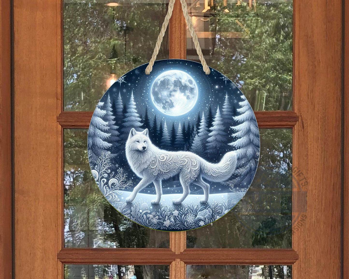 Wolf Door Sign - Rustic Outdoor Decor Full Moon Night with White Wolf Art - displayed on front door
