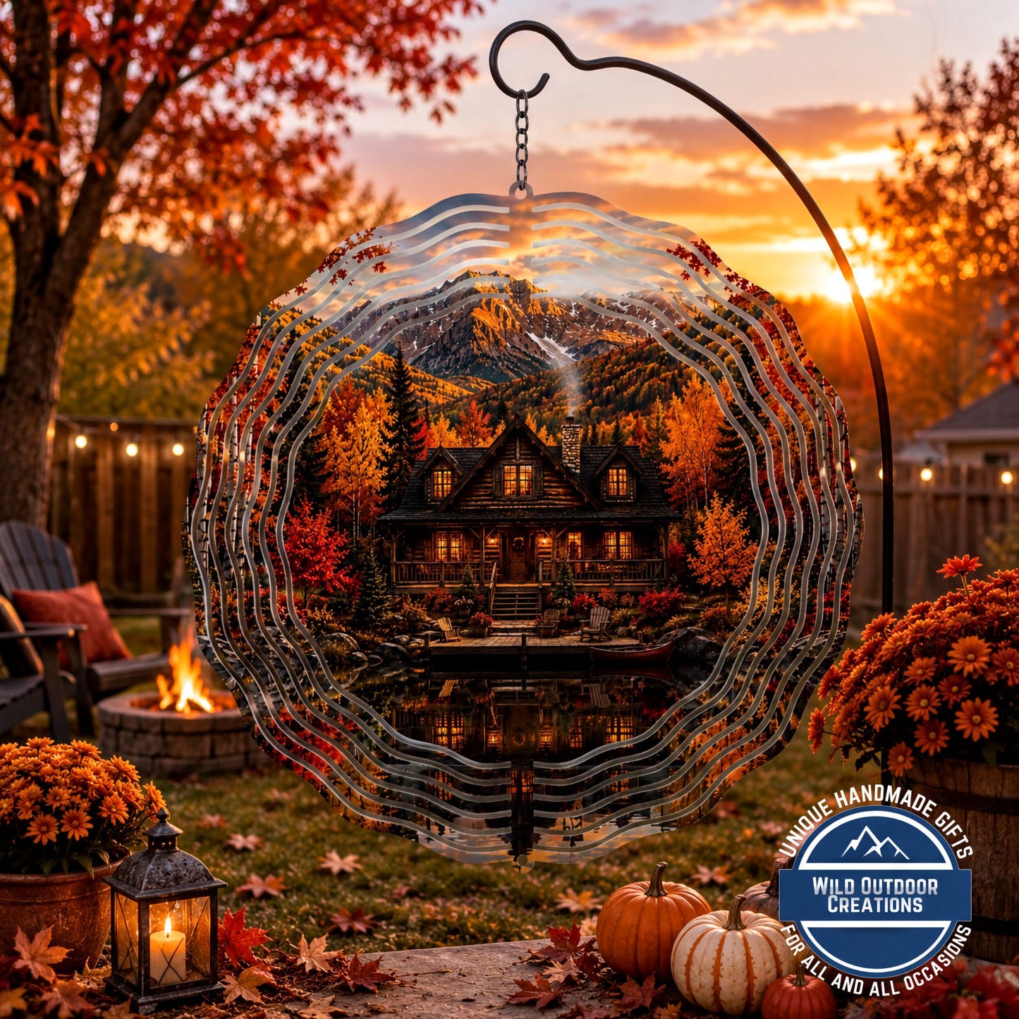 Log Cabin Wind Spinner Fall Mountain Lake Rustic Garden Decor Gift