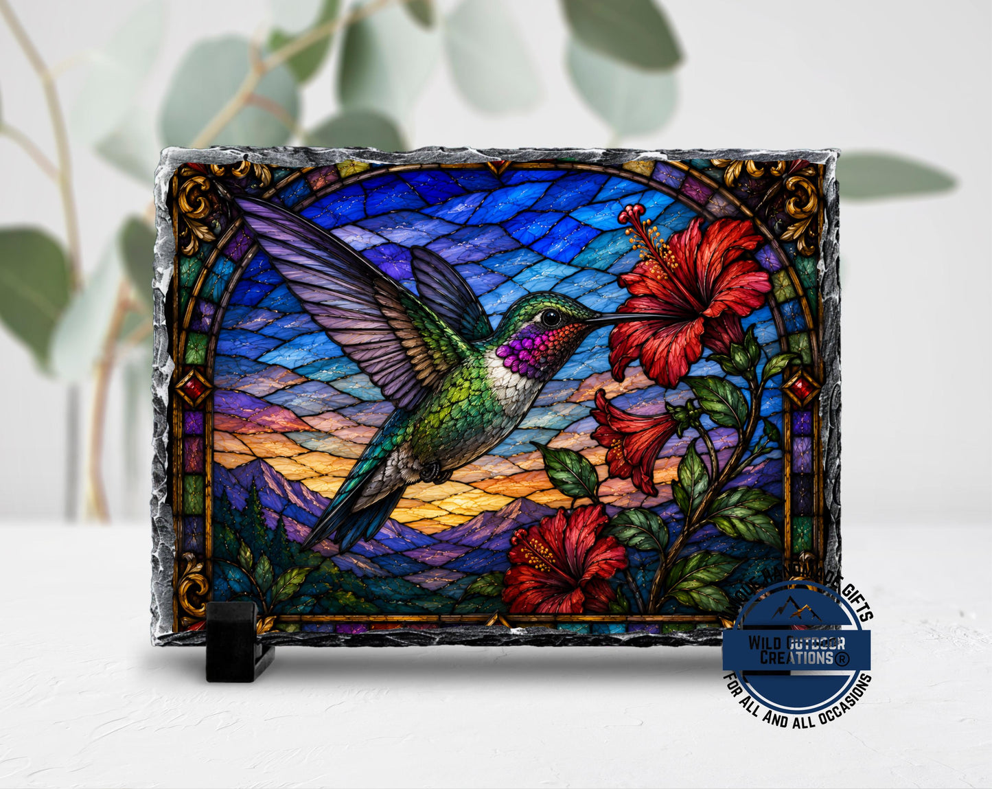 Hummingbird Faux Stained Glass Slate Plaque, Hibiscus Sunset Bird Decor, Garden Lover Gift