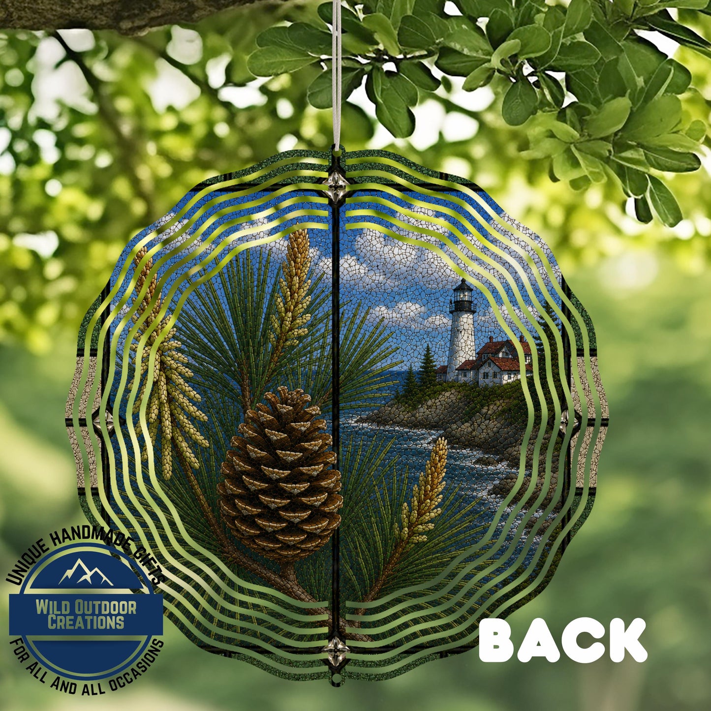 Pine Cone Garden Spinner – Handmade Aluminum Outdoor Wind Spinner with Coastal Lighthouse Design