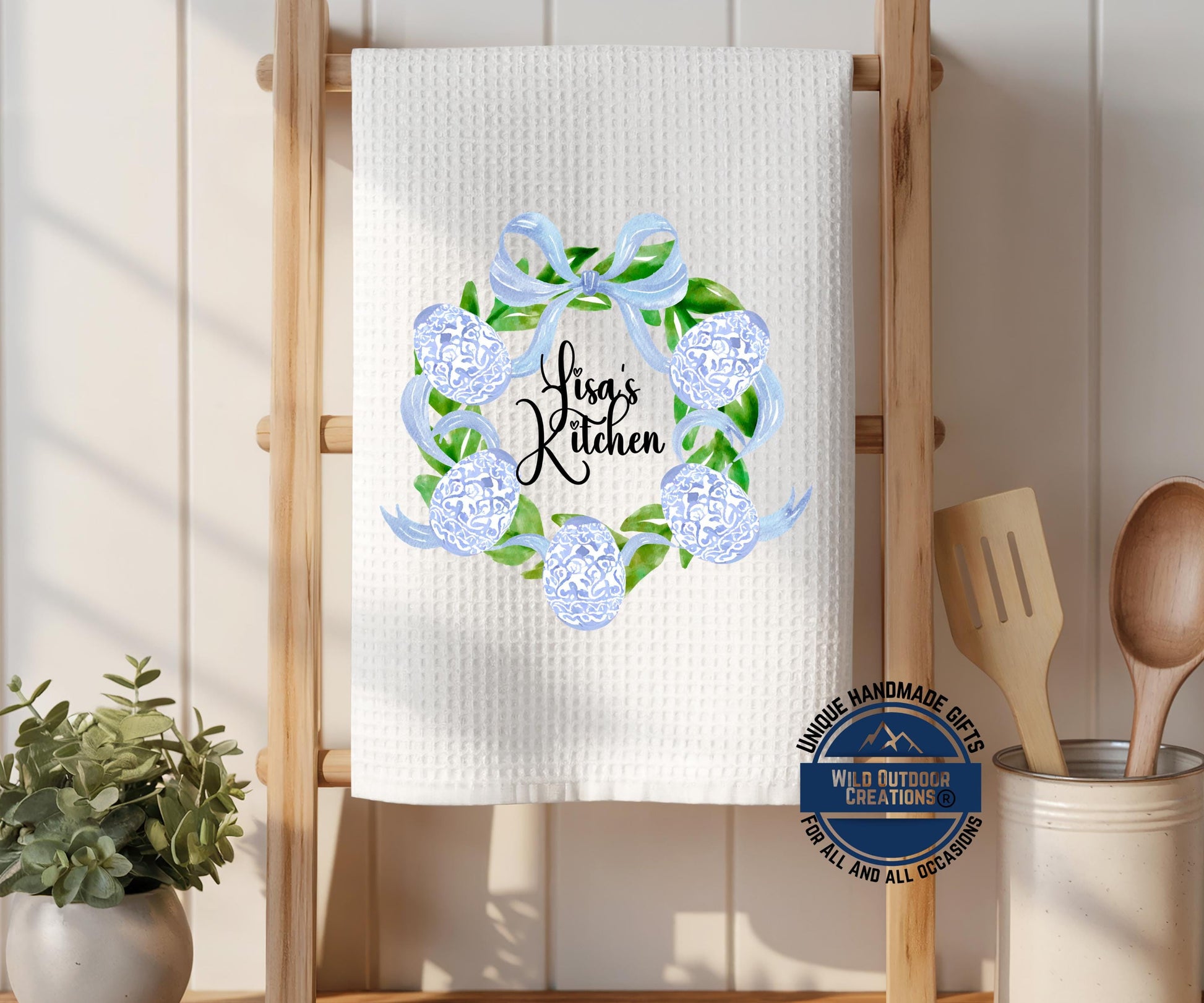 Personalized Easter Towel – Custom Name Kitchen Towel With Blue Chinoiserie Wreath