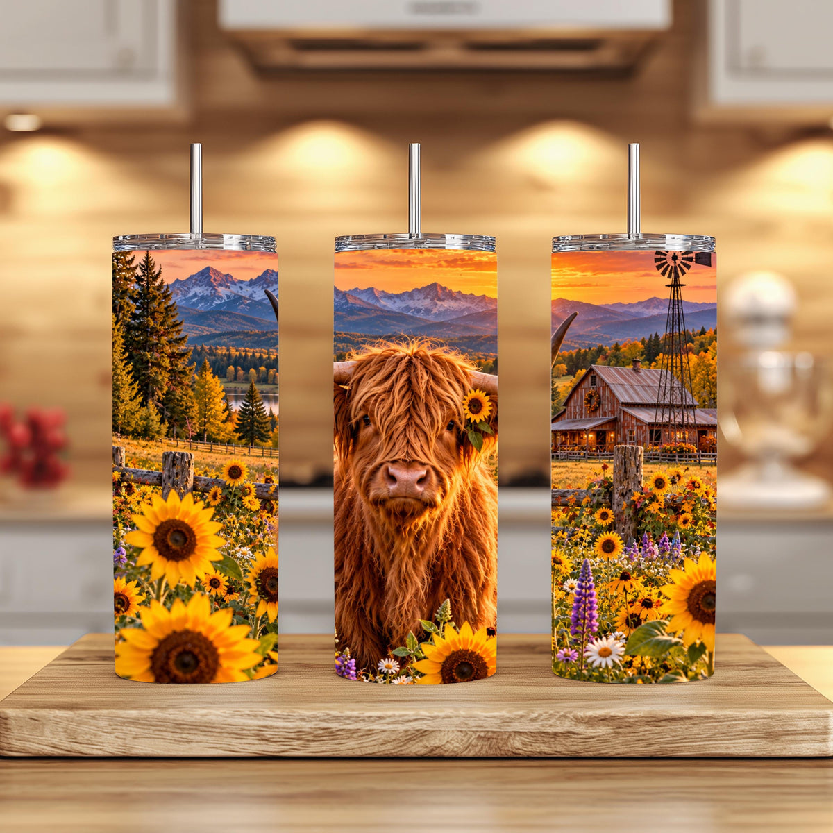 Highland Cow Cup, Sunflower Wrap | 20 Oz Skinny Tumbler Set