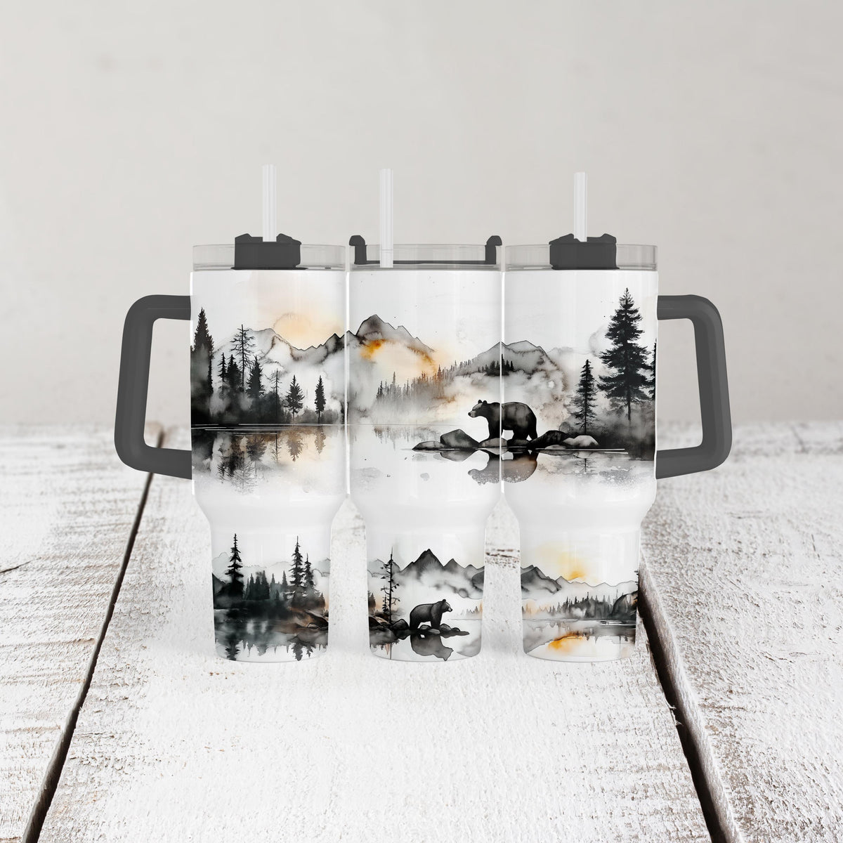 Black Bear Tumbler, 40 Oz Handle Cup, Misty Mountain Watercolor