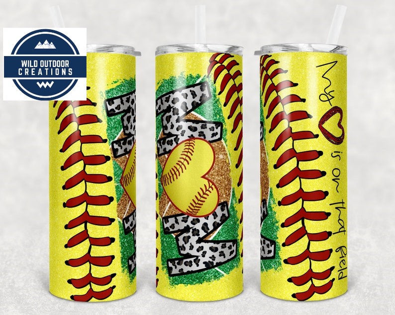 Softball Mom Tumbler, Faux Glitter Yellow 20Oz Stainless Steel Cup