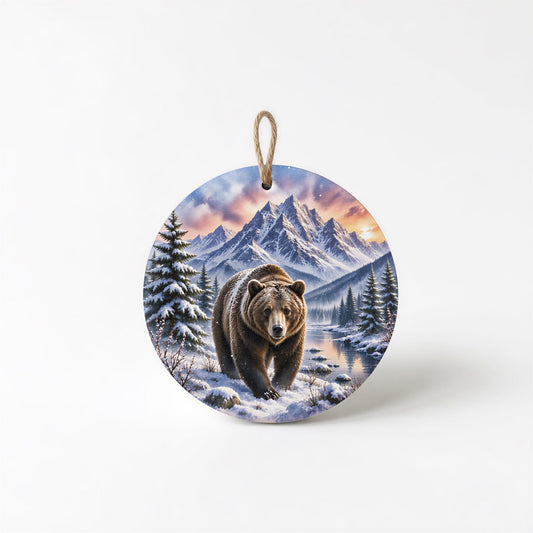 Grizzly Bear Ornament | Watercolor Mountains, Ceramic Keepsake