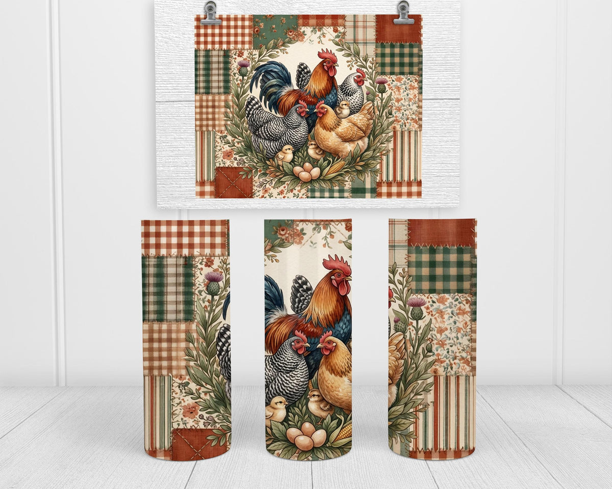 Chicken Tumbler, Rooster Hen Patchwork Quilt, 20 Oz Skinny Gift