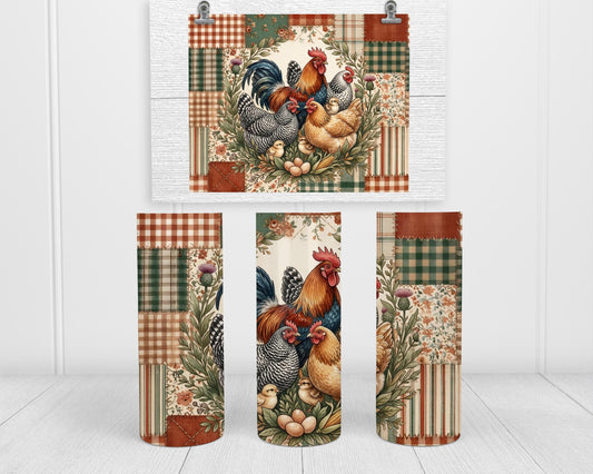 Chicken Tumbler, Rooster Hen Patchwork Quilt, 20 Oz Skinny Gift