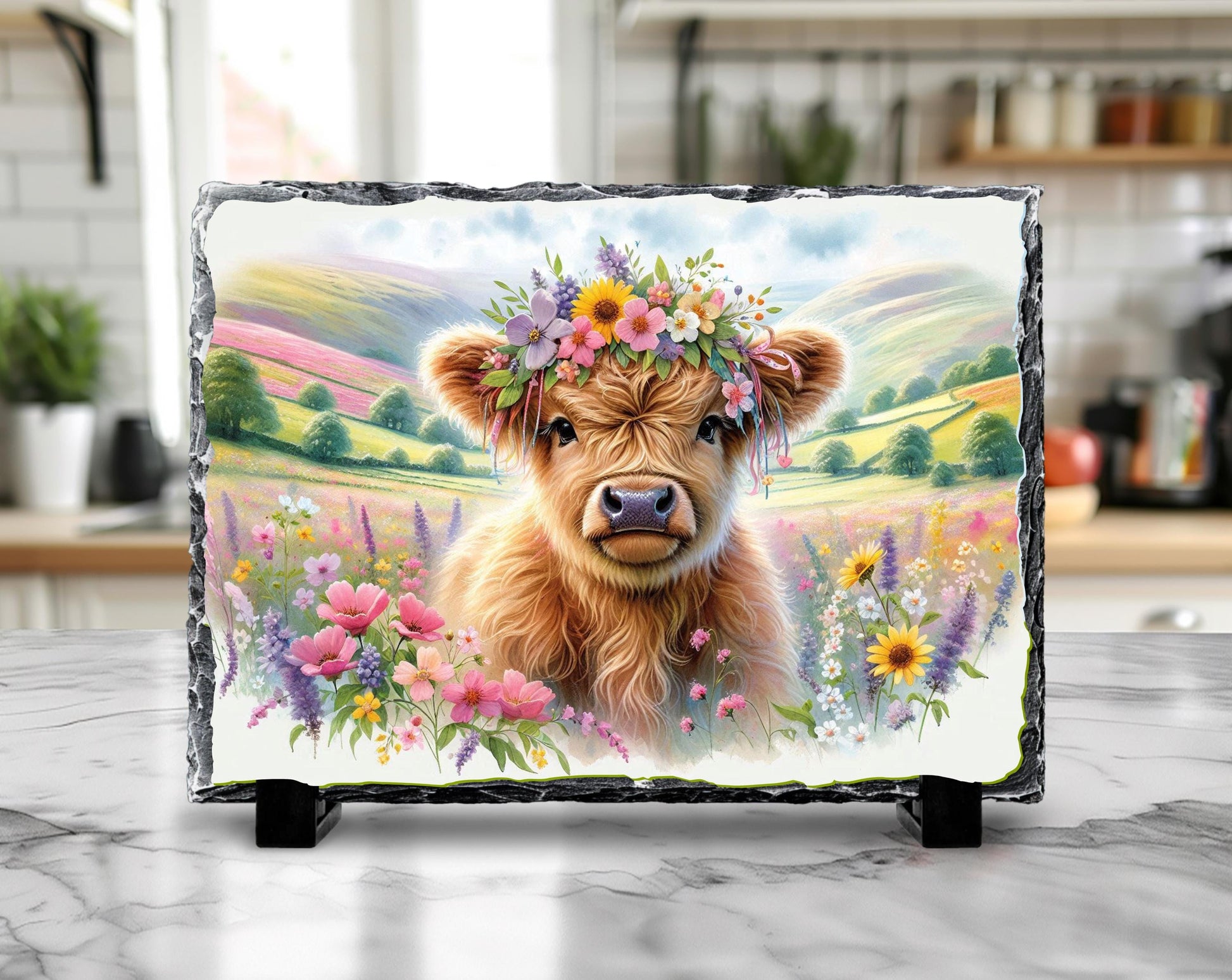 Highland Cow Slate Sign – Rustic Slate Plaque with Baby Calf Floral Headband - lifestyle view