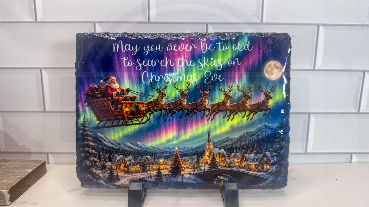 Santa Sleigh Northern Lights Slate Plaque, Christmas Eve Quote Wall Art