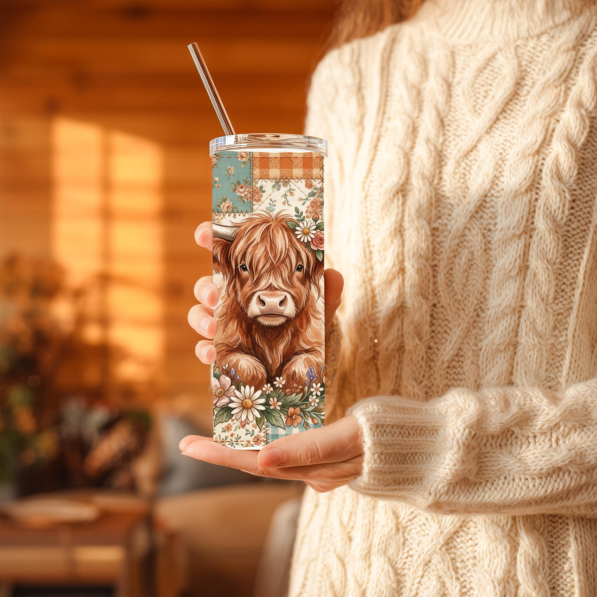 Highland Cow Tumbler | Floral Patchwork 20 Oz Skinny, Teal Peach Farmhouse