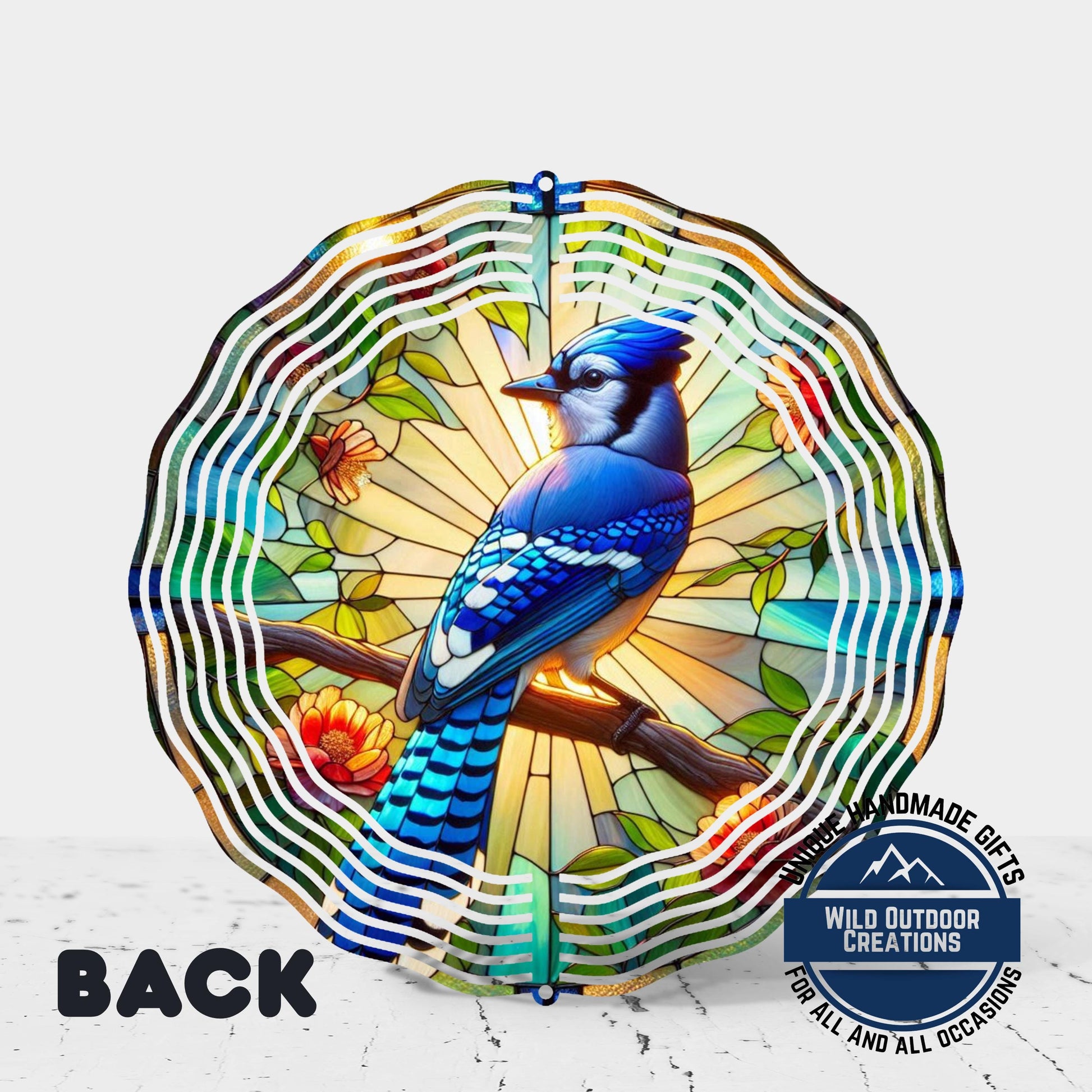 Blue Jay Wind Spinner – 10 Inch Aluminum Garden Spinner with Faux Stained Glass Decor - additional product photo 10
