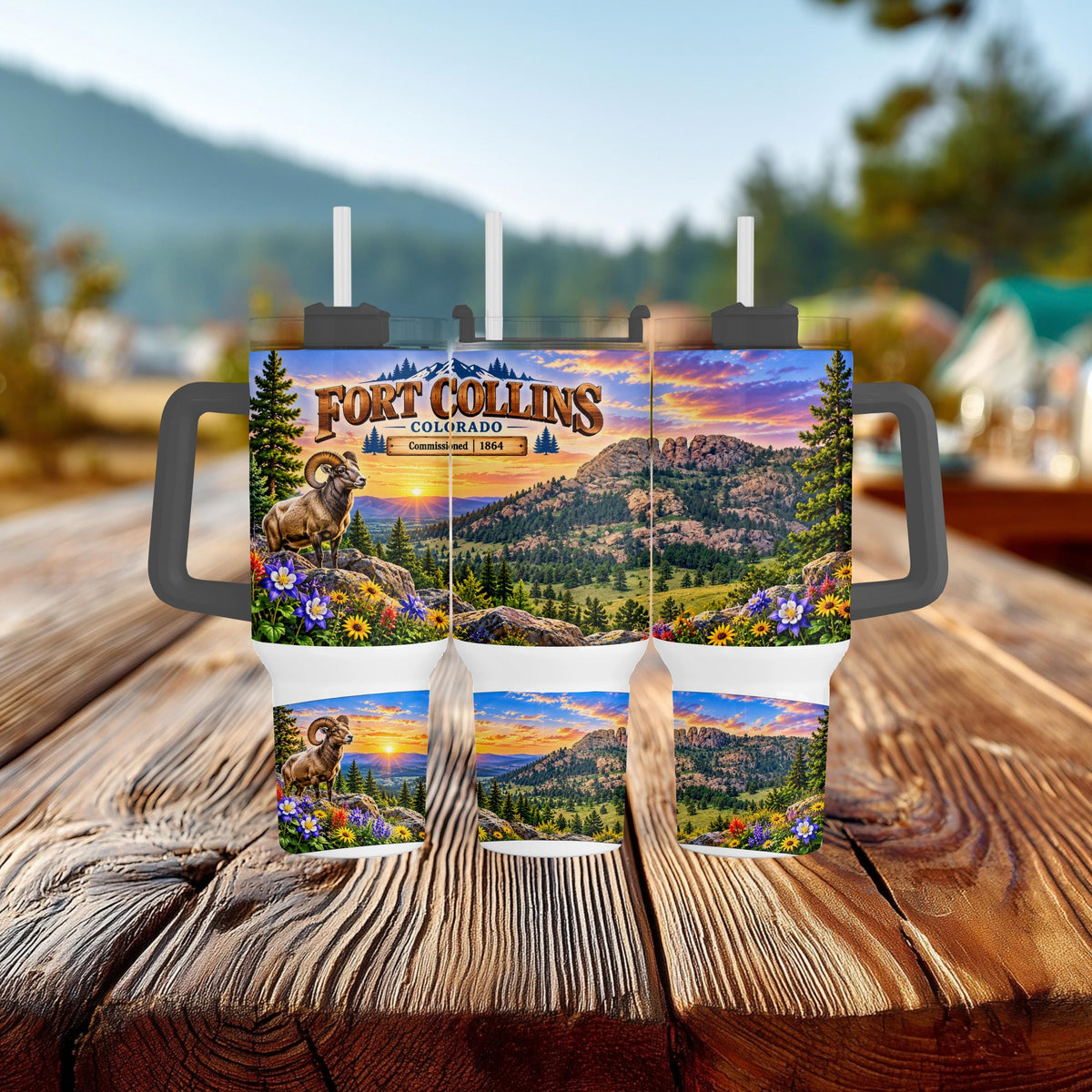 Fort Collins Tumbler, 40 Oz With Handle, Bighorn Sheep Gift