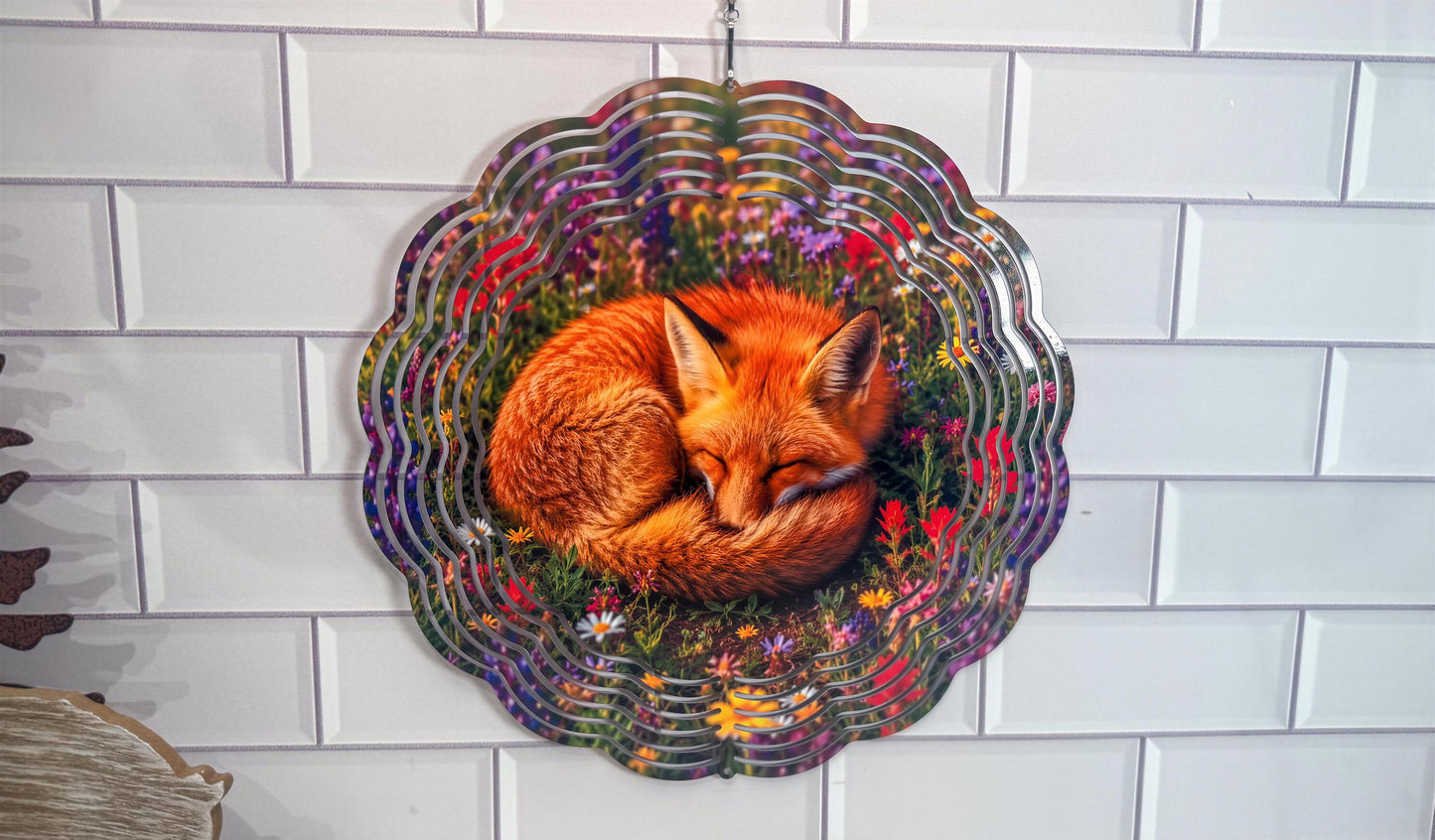 Sleeping Fox, Meadow Floral Wind Spinner | 10 Inch Décor | 360 Swivel | Indoor Outdoor Art